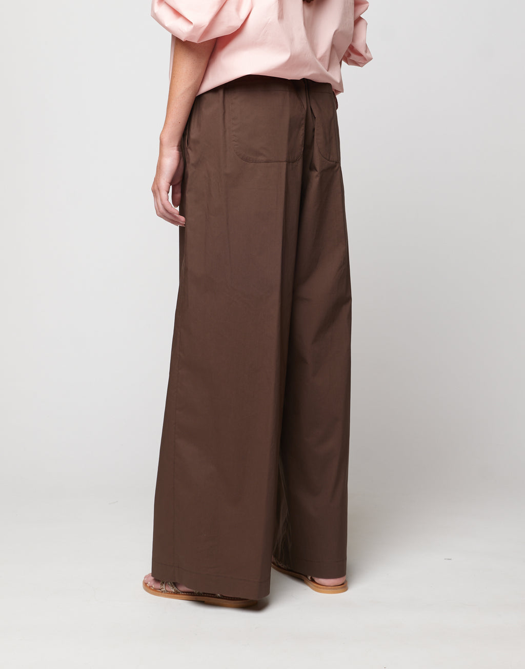 Pantaloni Wide Leg in Popeline di Cotone con Elastico Fondente