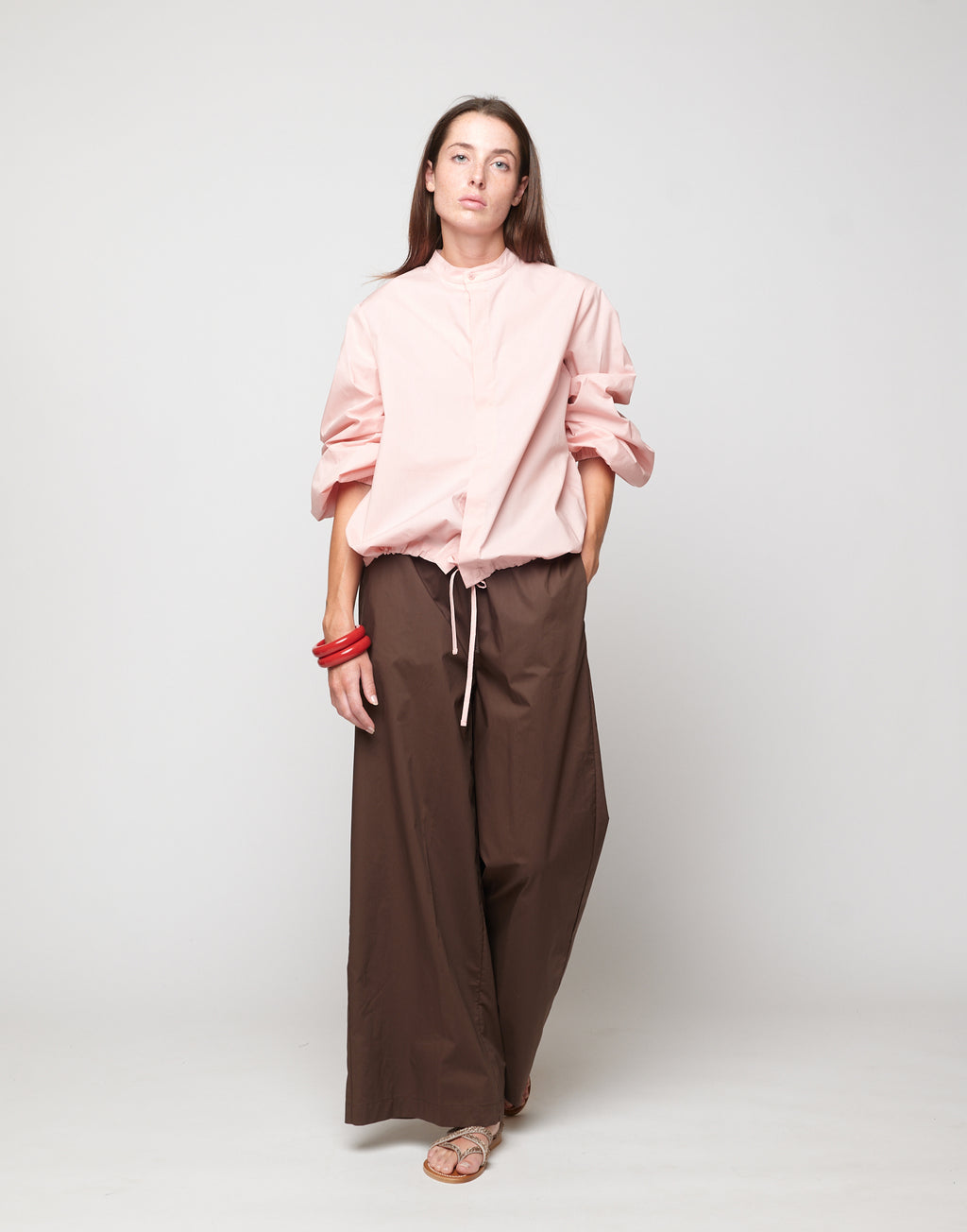 Pantaloni Wide Leg in Popeline di Cotone con Elastico Fondente
