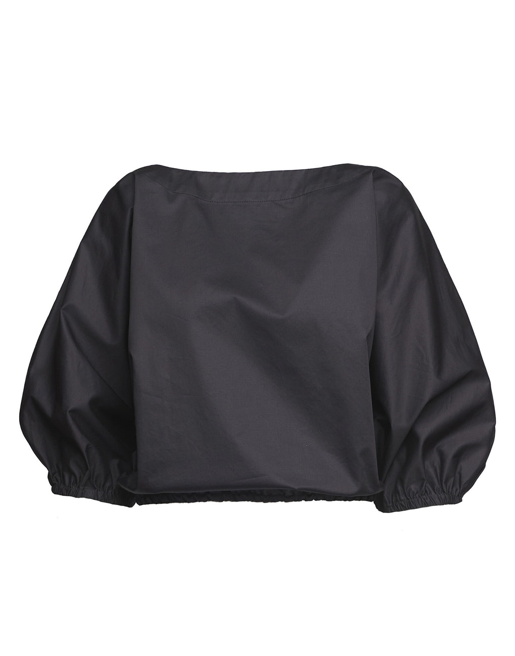 Blusa Kimono con Coulisse in Popeline di Cotone Nera