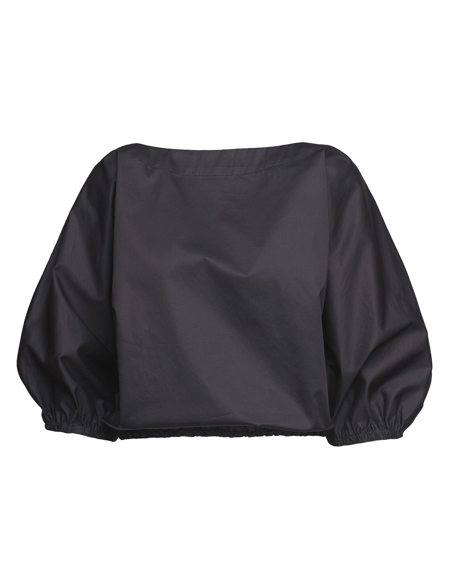 Blusa Kimono con Coulisse in Popeline di Cotone Nera