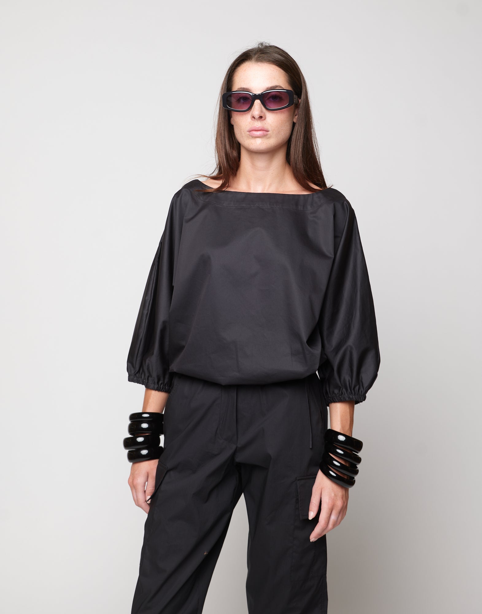 Blusa Kimono con Coulisse in Popeline di Cotone Nera