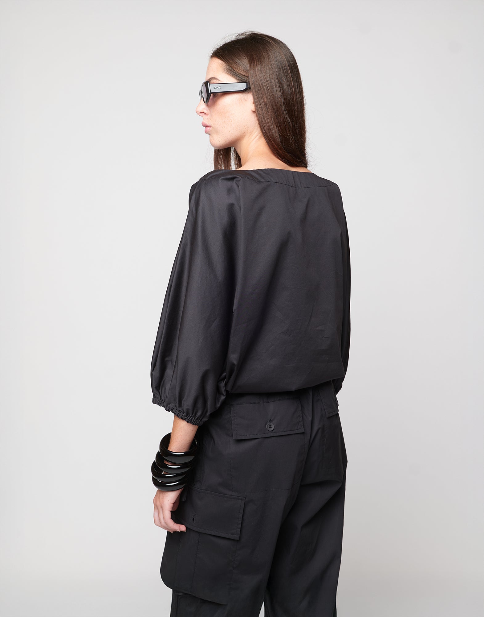 Blusa Kimono con Coulisse in Popeline di Cotone Nera