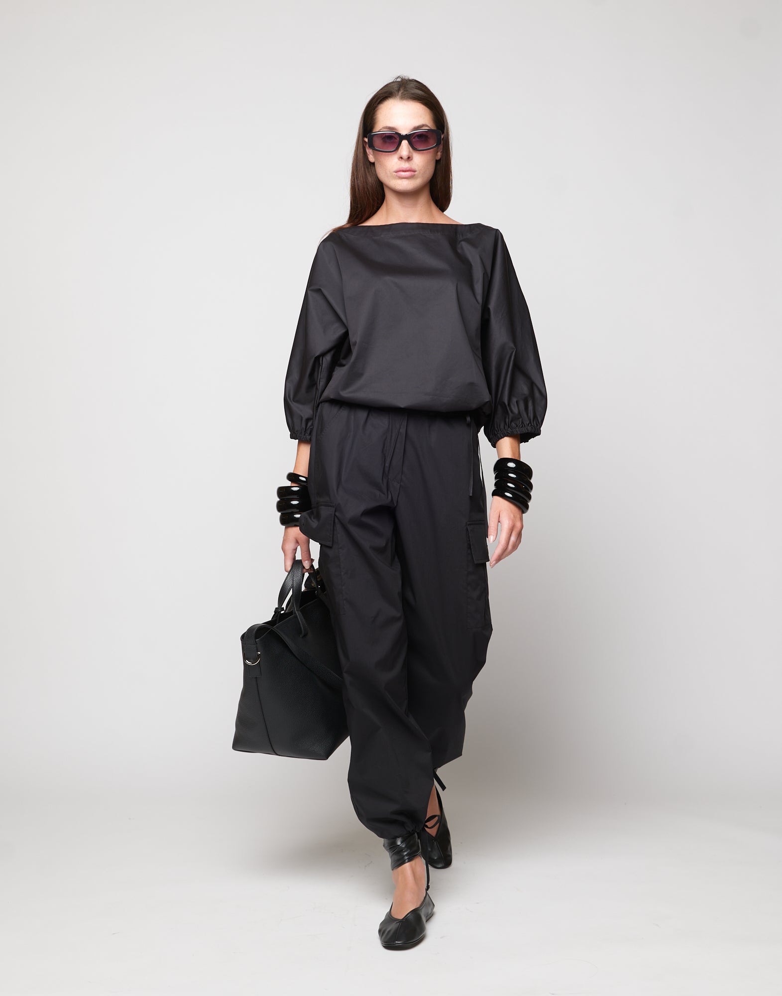 Blusa Kimono con Coulisse in Popeline di Cotone Nera
