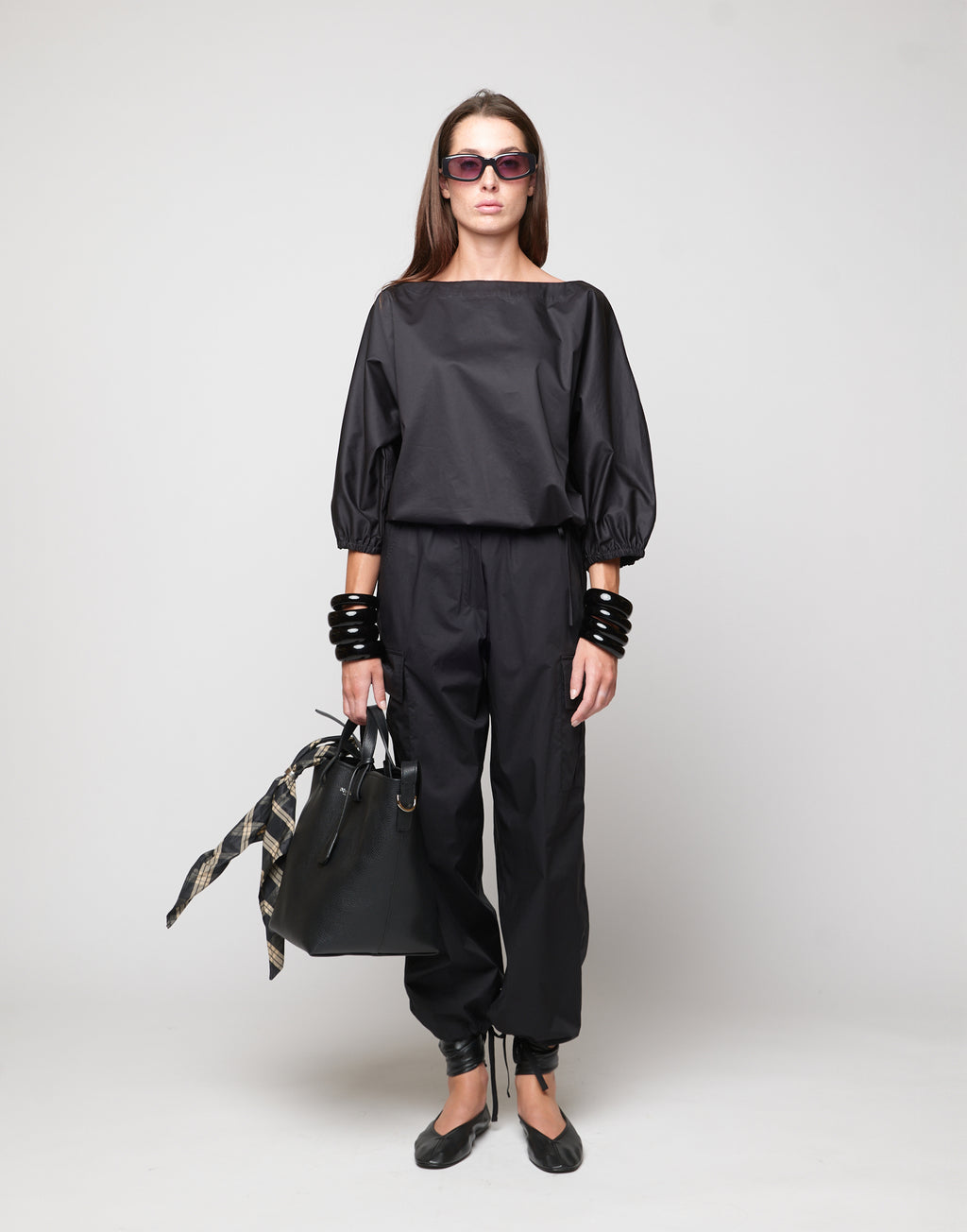 Blusa Kimono con Coulisse in Popeline di Cotone Nera