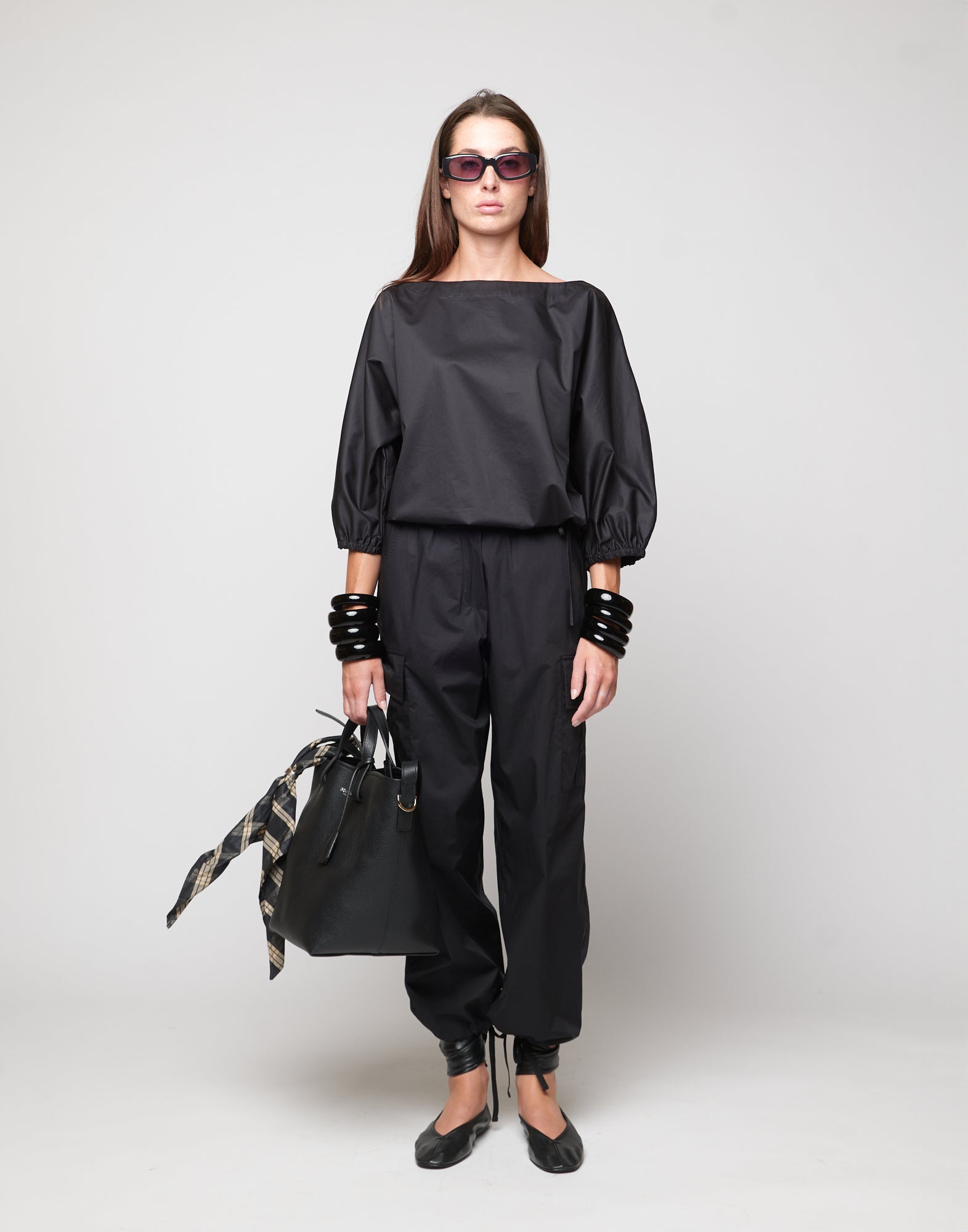 Blusa Kimono con Coulisse in Popeline di Cotone Nera