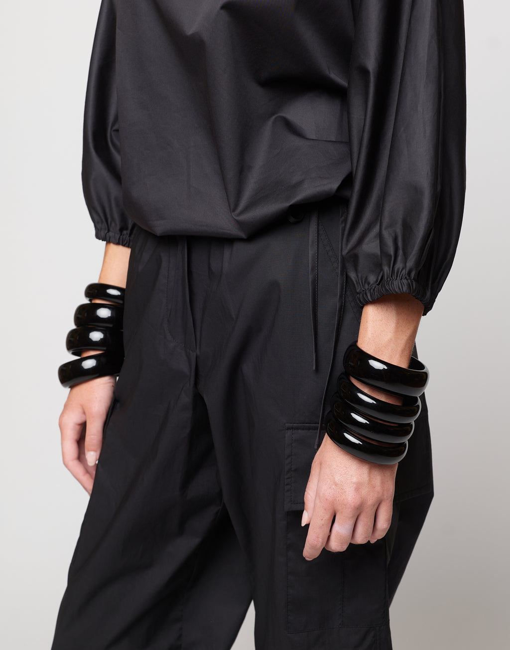Blusa Kimono con Coulisse in Popeline di Cotone Nera