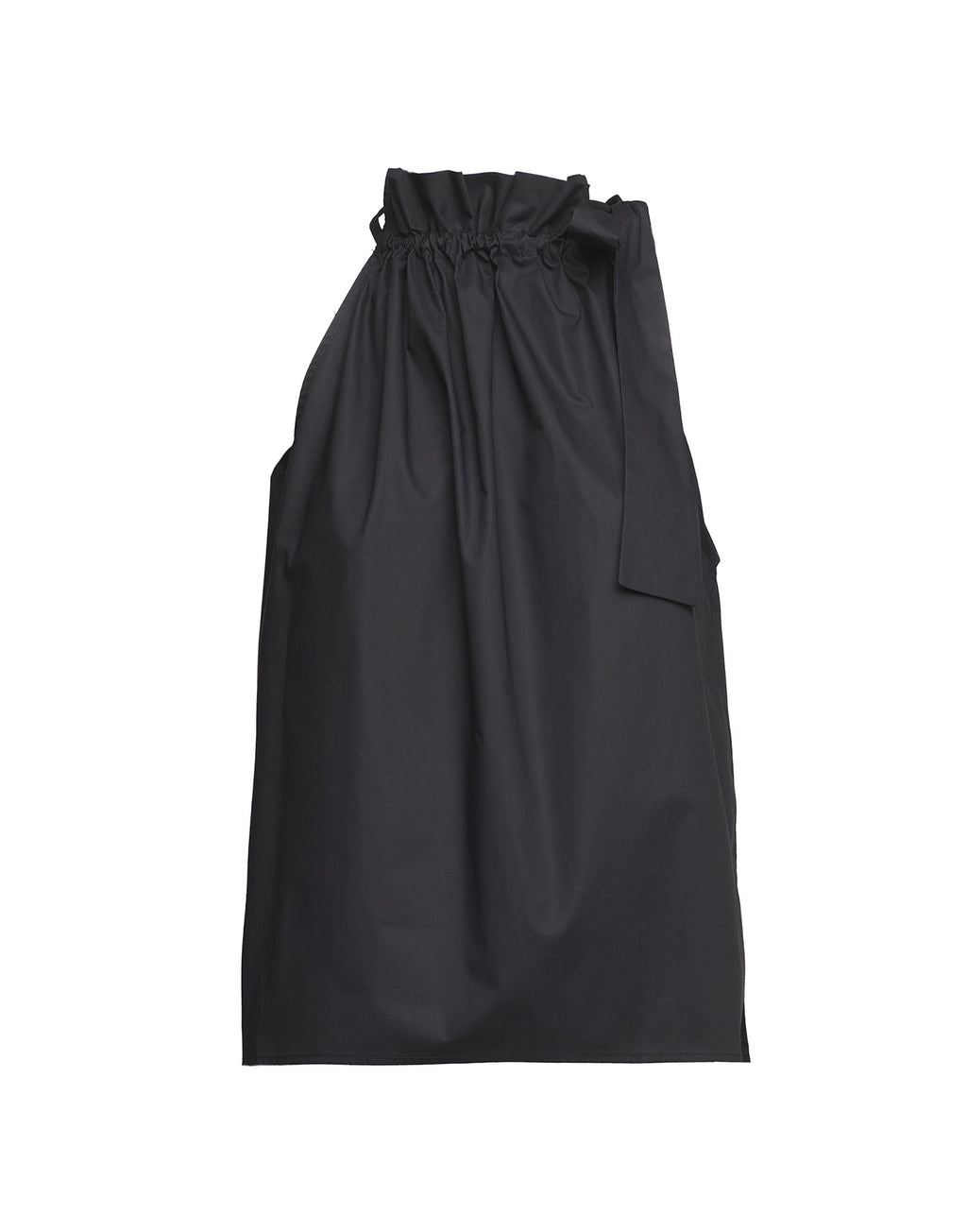 Top Halter Arricciato con Nastro in Popeline di Cotone Nero