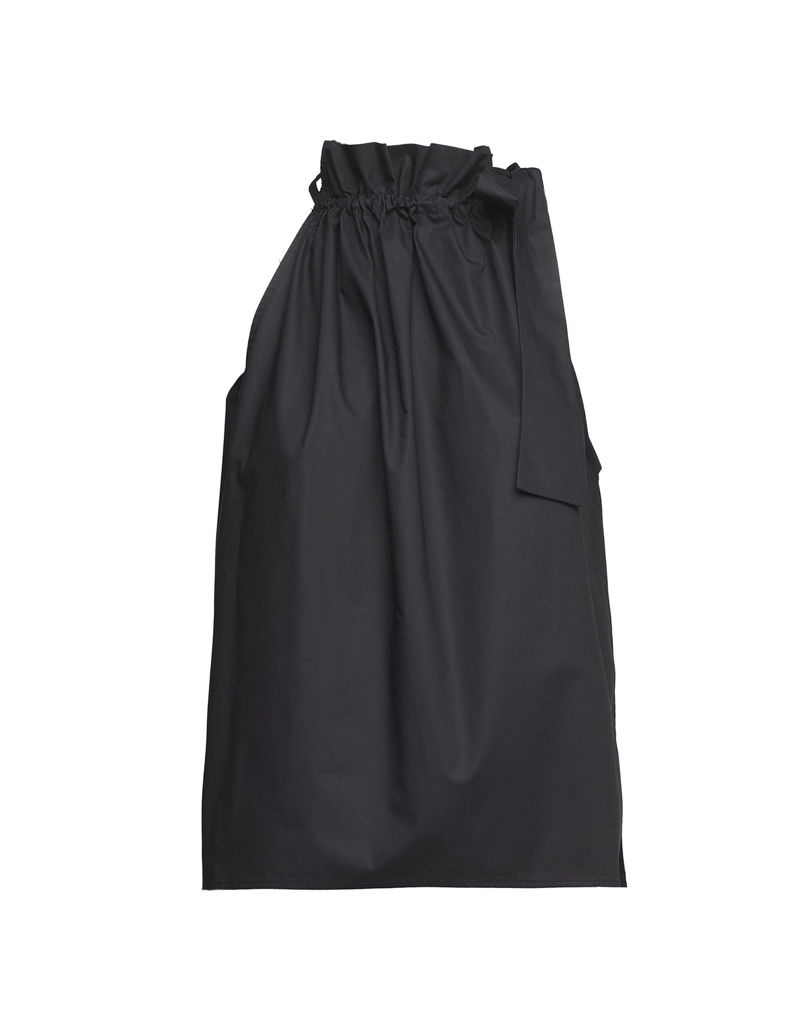 Top Halter Arricciato con Nastro in Popeline di Cotone Nero