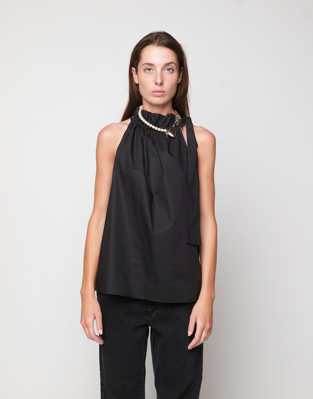 Top Halter Arricciato con Nastro in Popeline di Cotone Nero