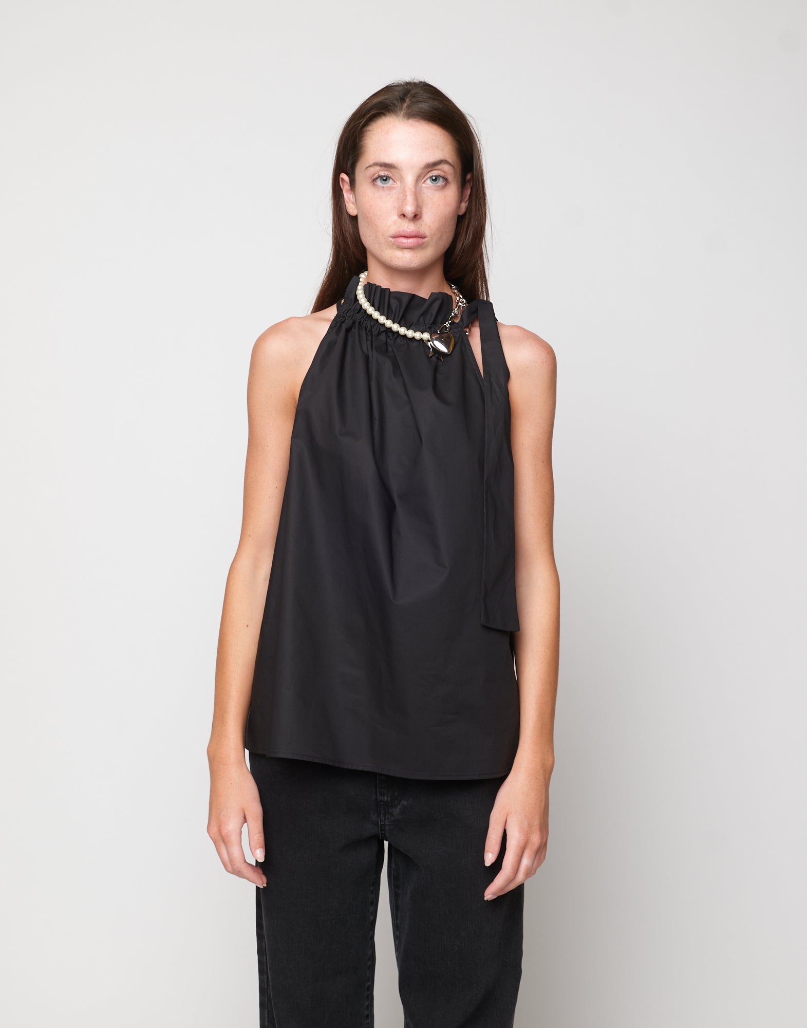 Top Halter Arricciato con Nastro in Popeline di Cotone Nero