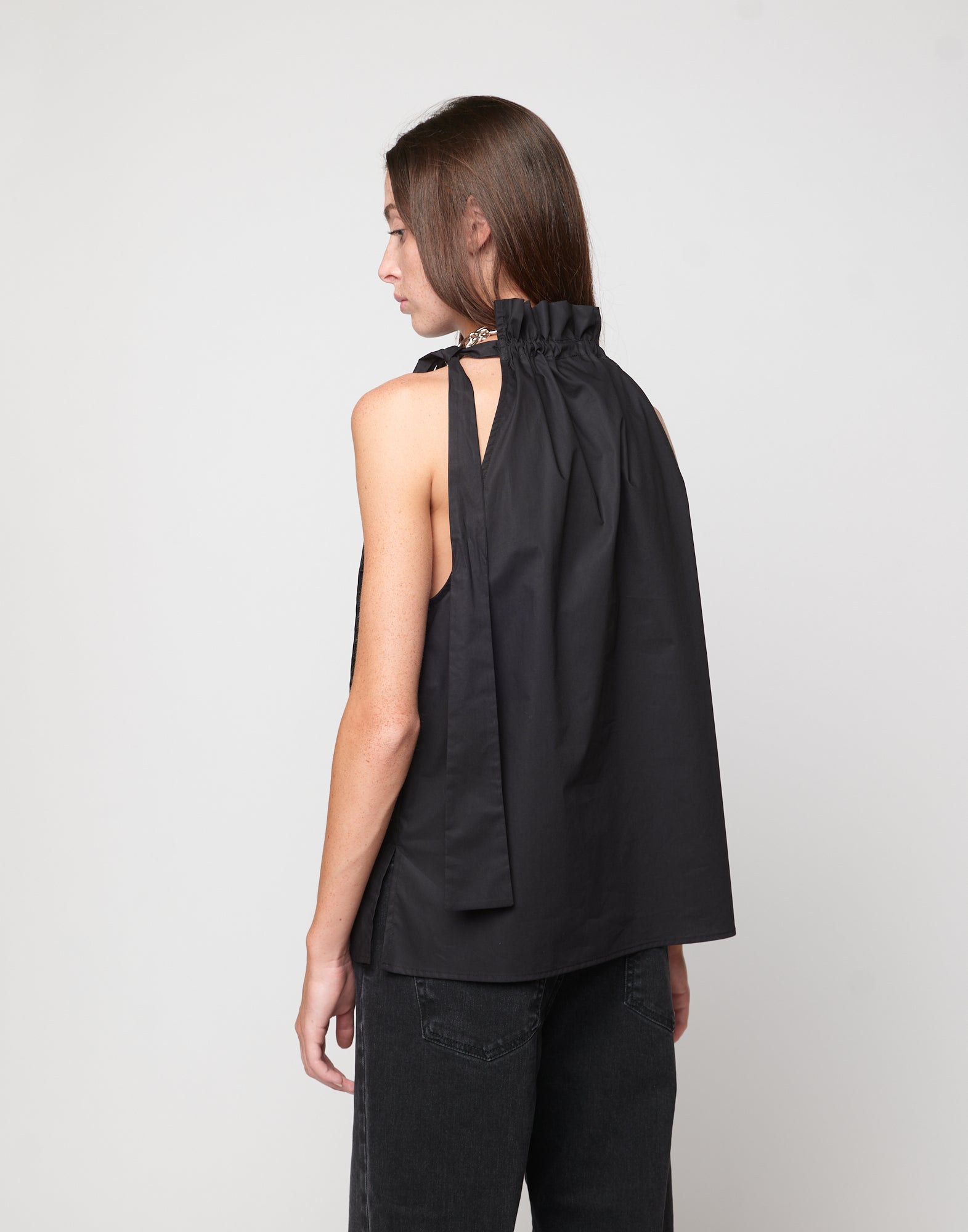 Top Halter Arricciato con Nastro in Popeline di Cotone Nero