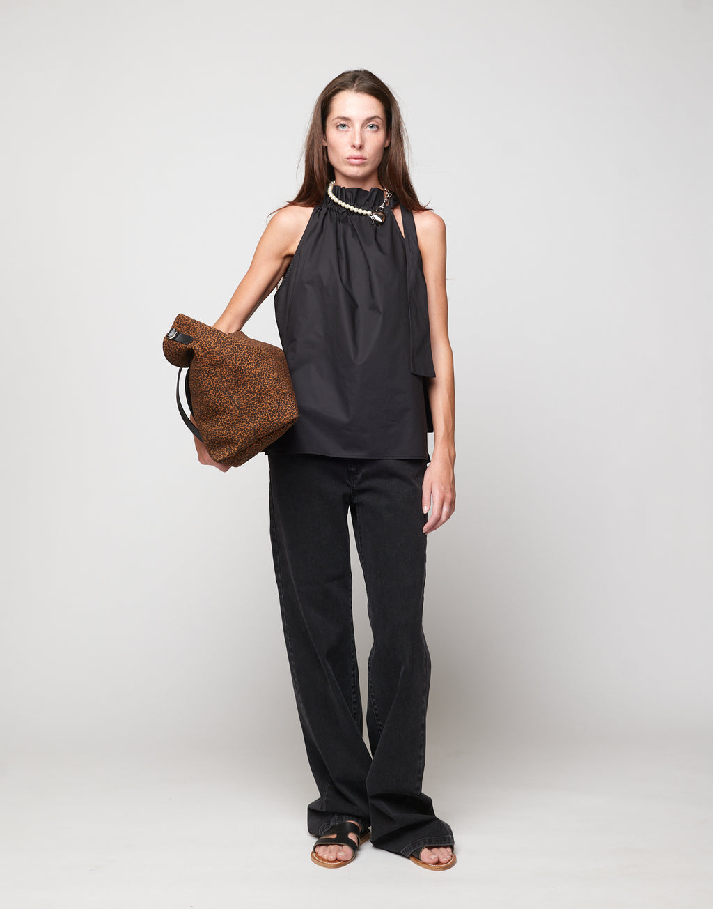 Top Halter Arricciato con Nastro in Popeline di Cotone Nero