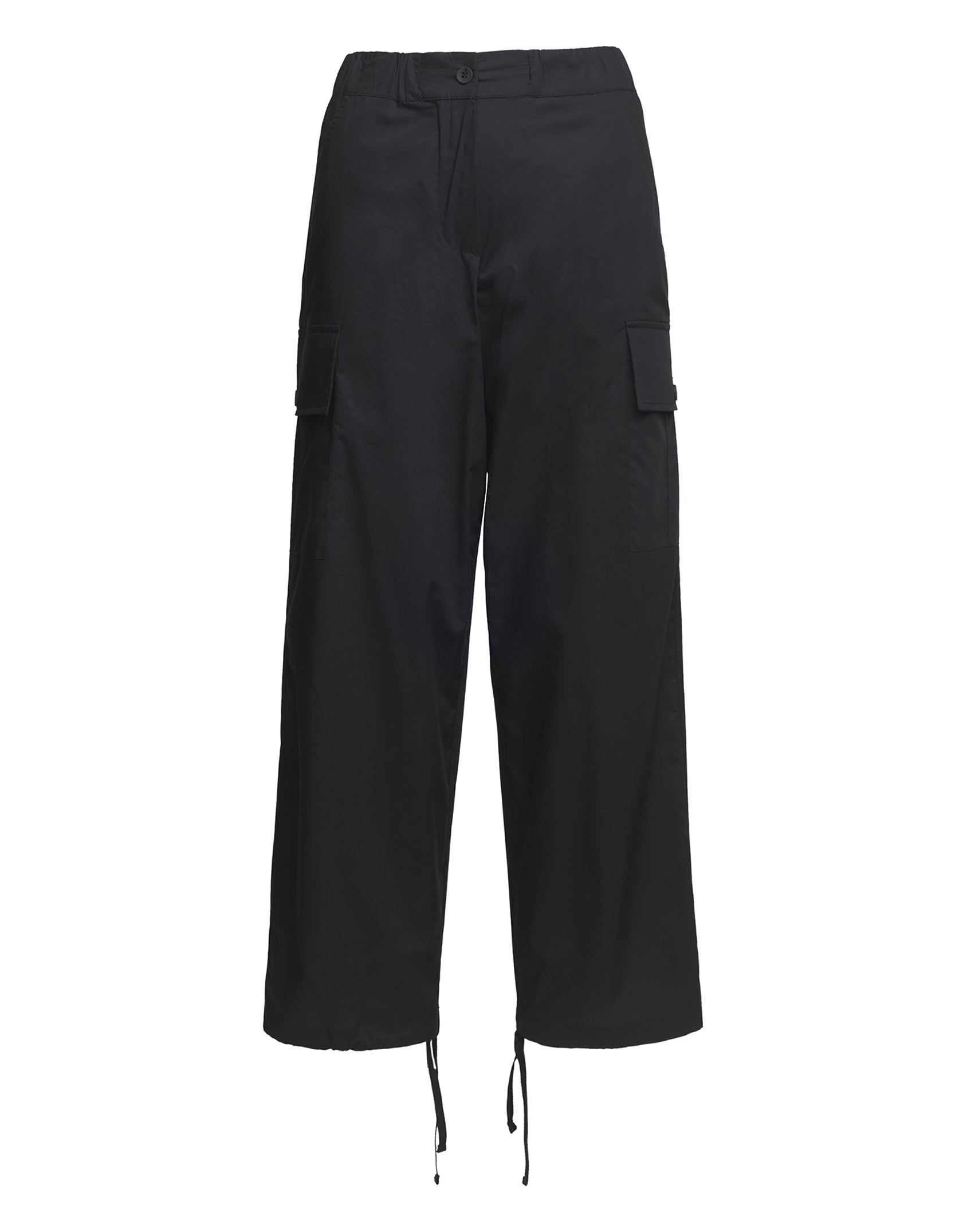 Pantaloni Cargo con Coulisse in Popeline di Cotone Neri