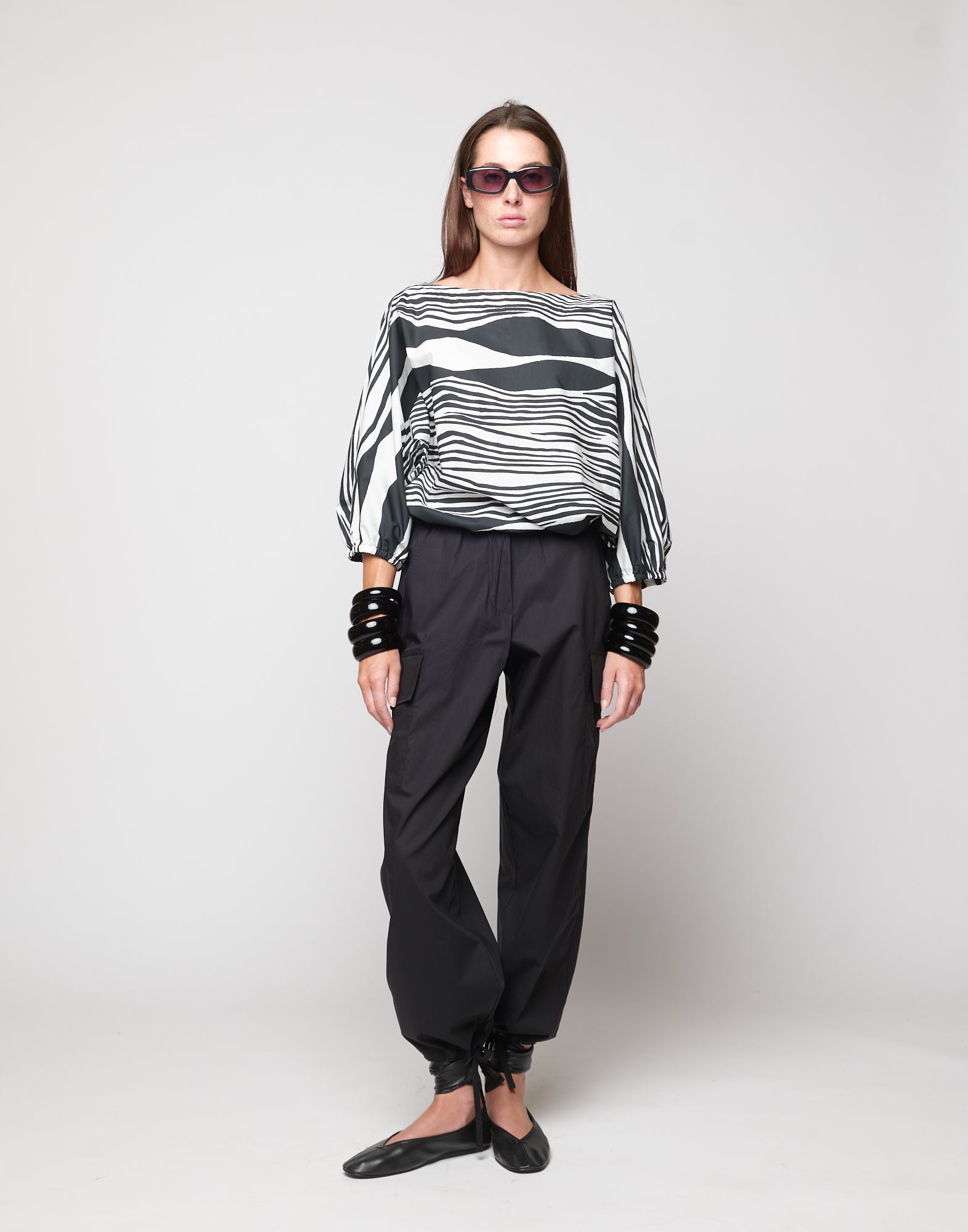 Pantaloni Cargo con Coulisse in Popeline di Cotone Neri