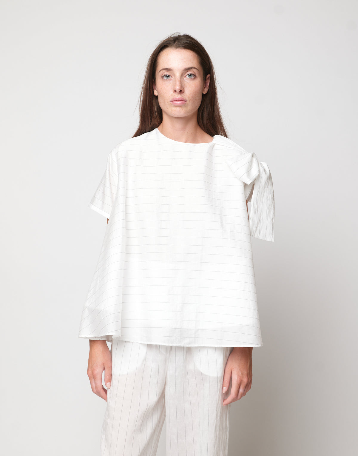 Pinstriped Lyocell Crewneck Blouse