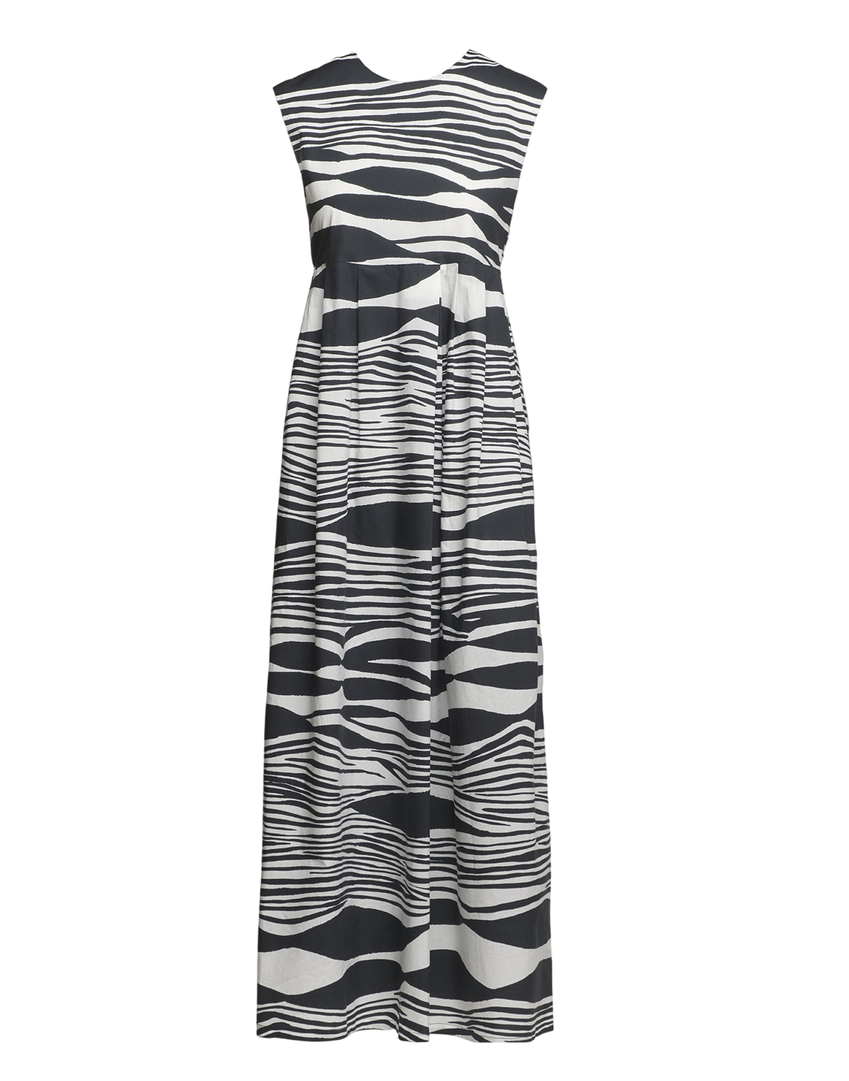 Sleeveless Pleated Maxi Dress in Printed Cotton Poplin Off-White/Black