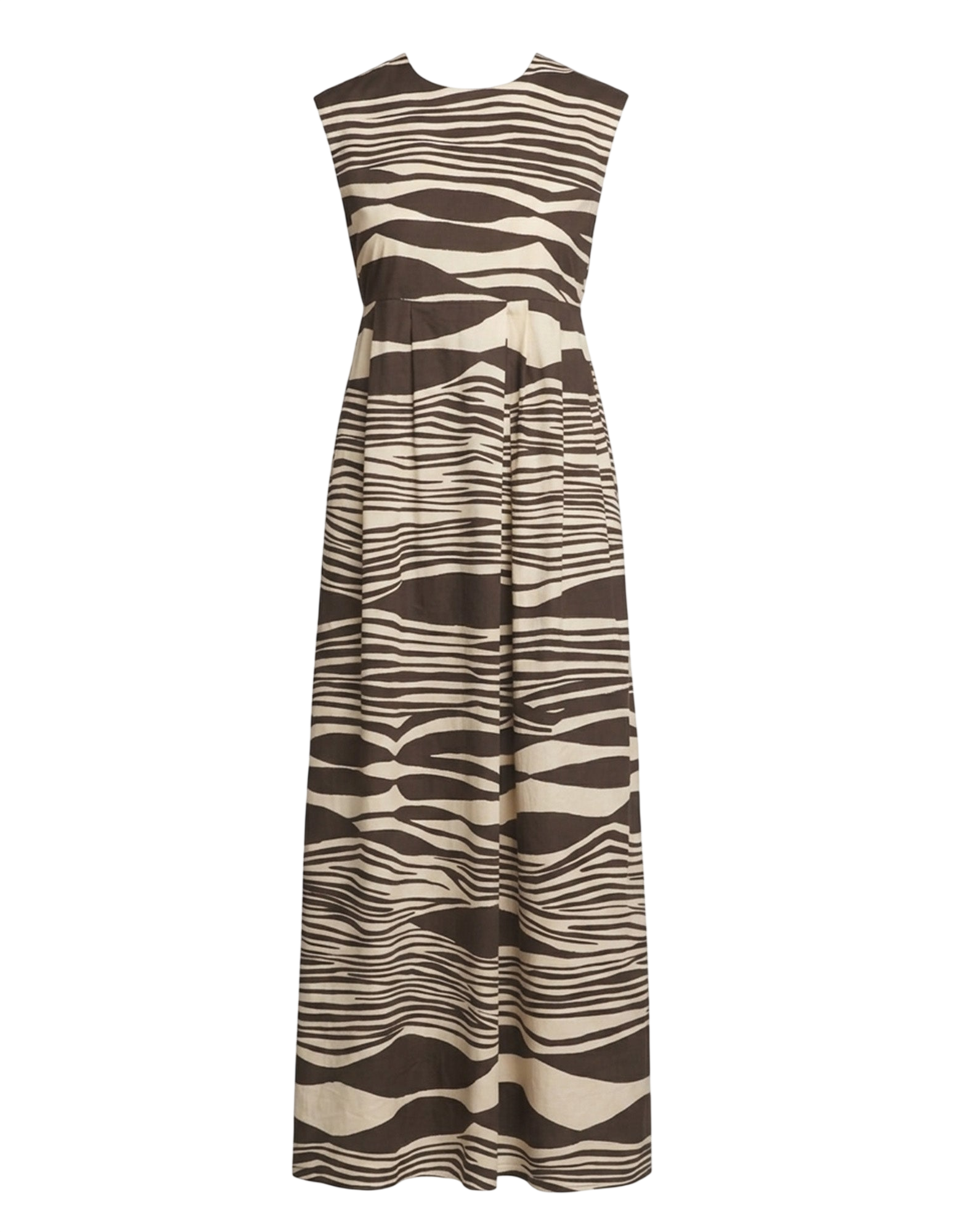 Abito Lungo Smanicato Gonna a Pieghe in Popeline di Cotone Stampato Orzo/Fondente