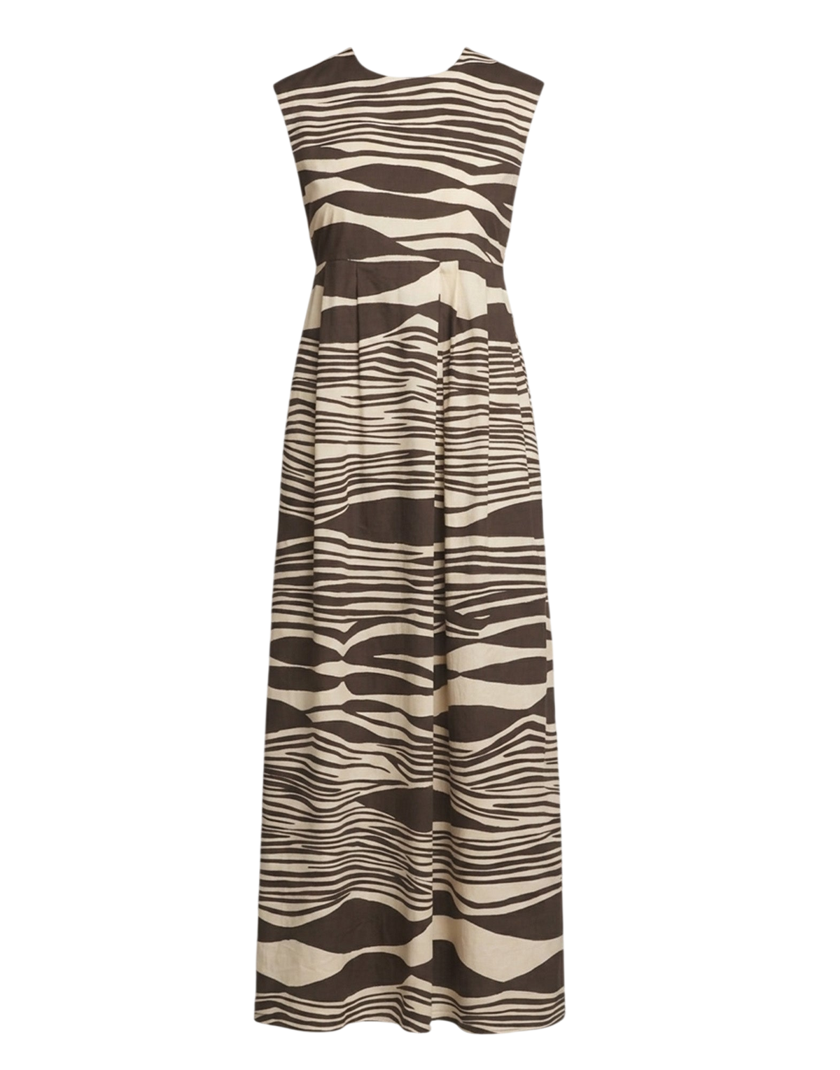 Sleeveless Maxi Dress with Pleated Skirt in Barley/Fondant Printed Cotton Poplin