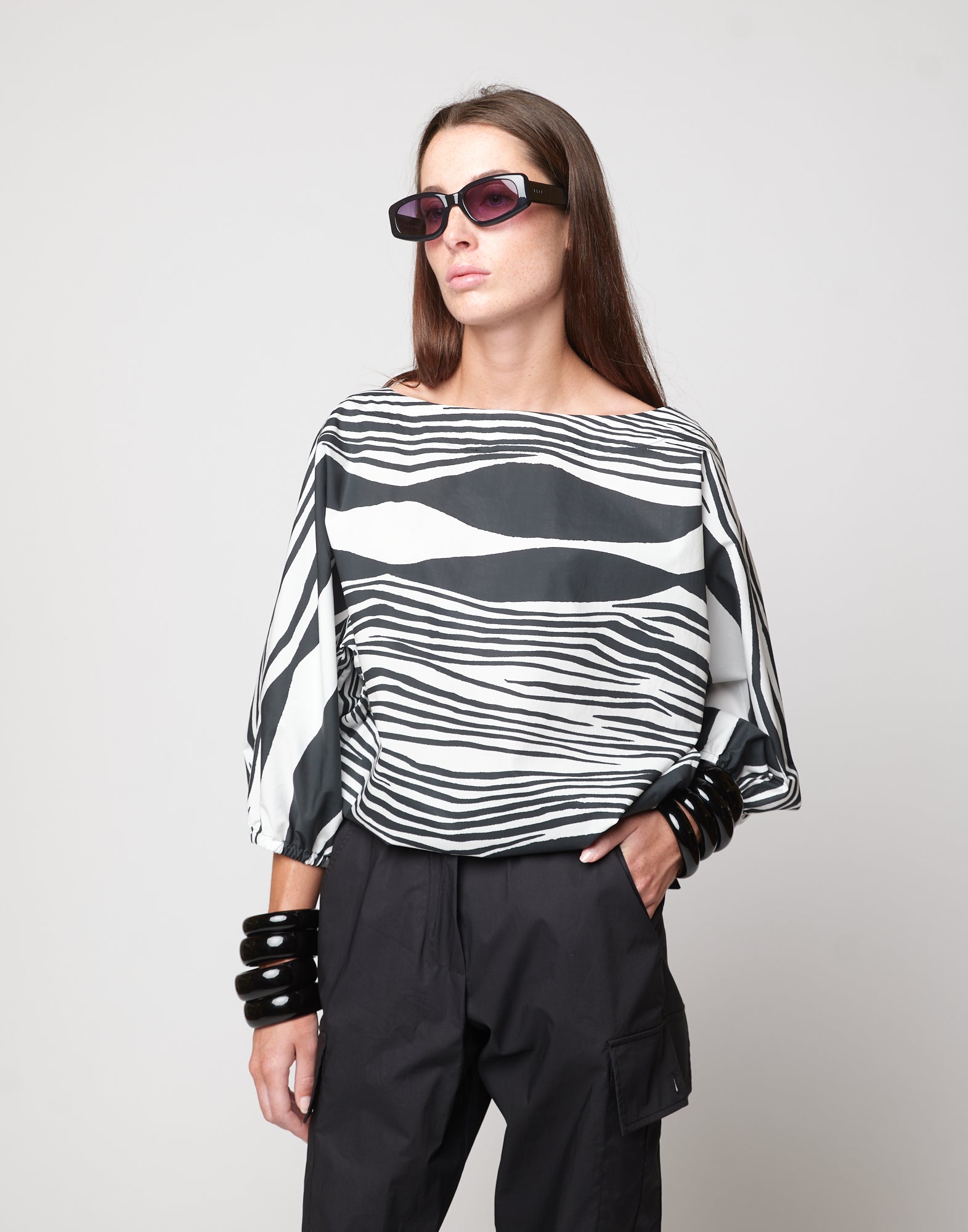 Blusa Kimono in Popeline di Cotone Stampato Off White/Nero
