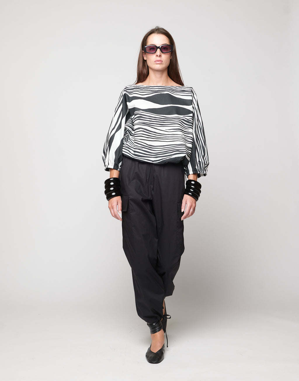 Blusa Kimono in Popeline di Cotone Stampato Off White/Nero