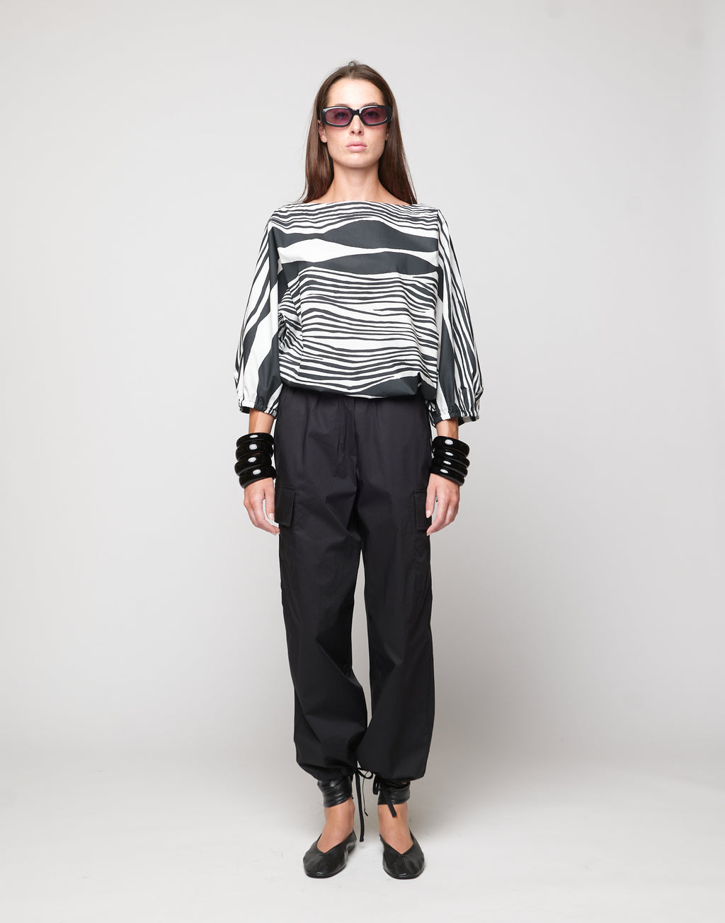Blusa Kimono in Popeline di Cotone Stampato Off White/Nero