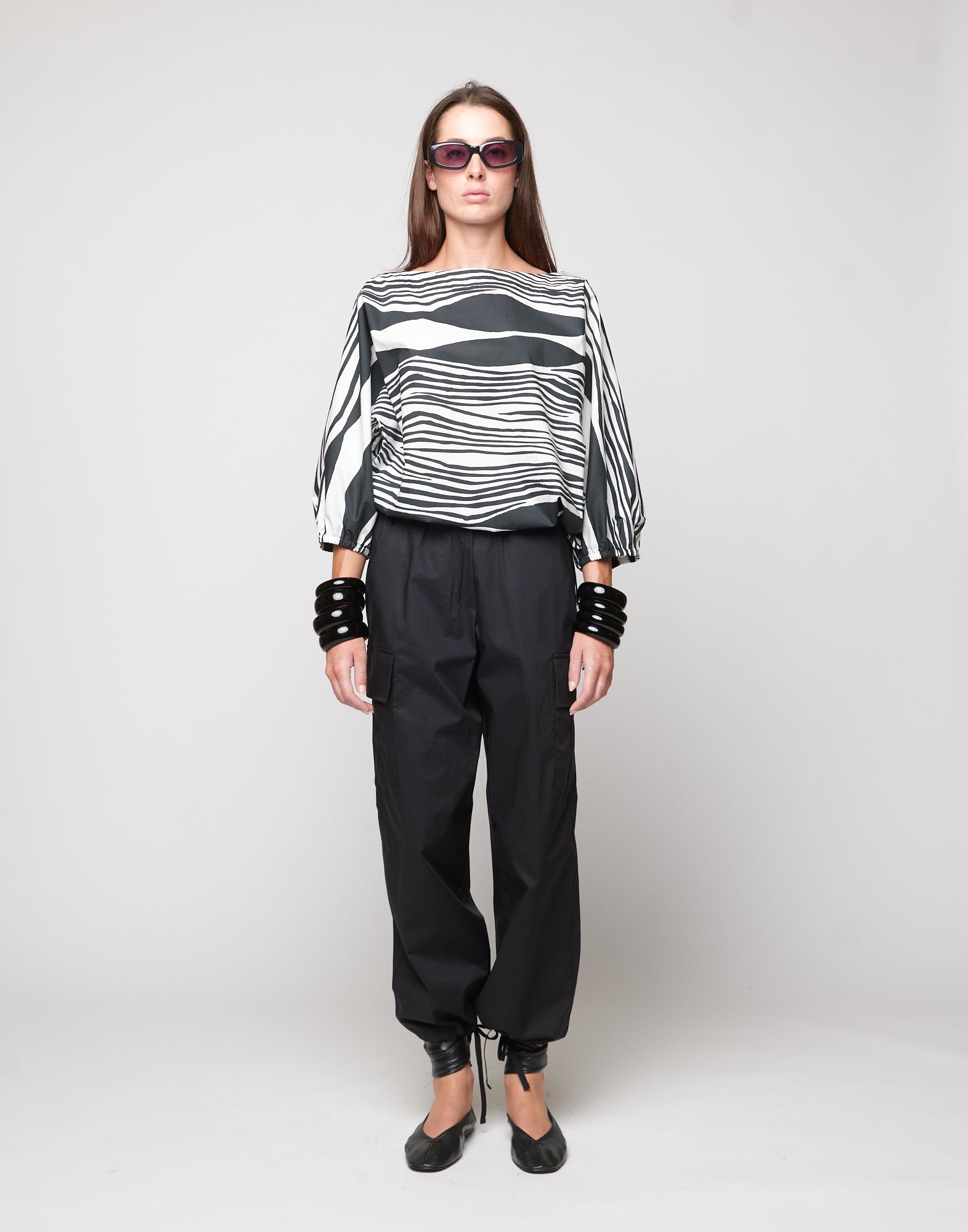 Blusa Kimono in Popeline di Cotone Stampato Off White/Nero