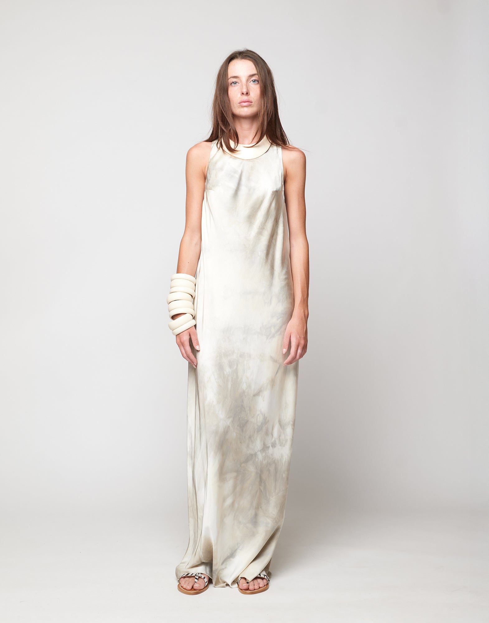 Abito Scollo Americano in Viscosa Tie-Dye Pomice