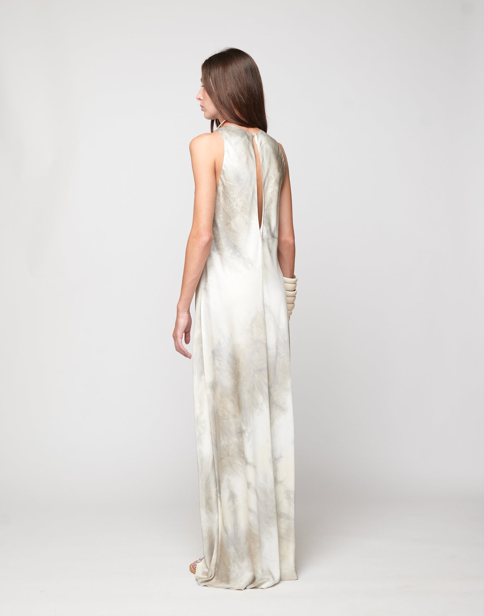 Abito Scollo Americano in Viscosa Tie-Dye Pomice