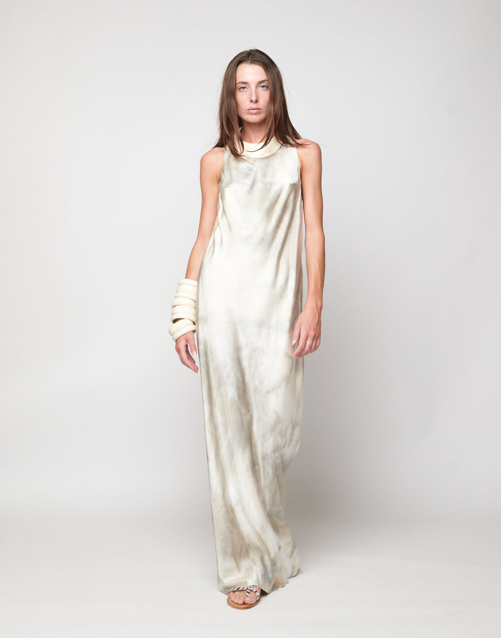 Abito Scollo Americano in Viscosa Tie-Dye Pomice