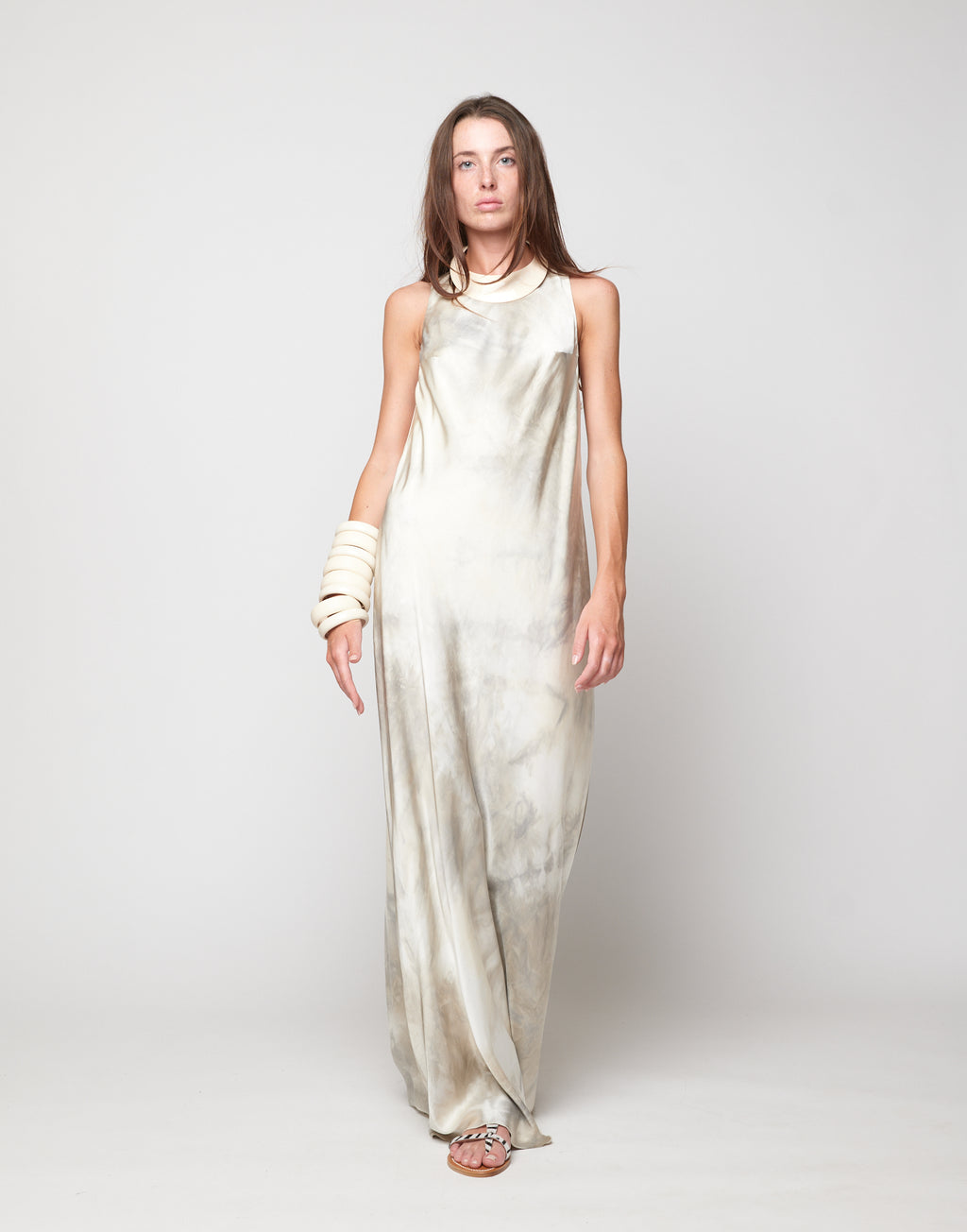 Abito Scollo Americano in Viscosa Tie-Dye Pomice