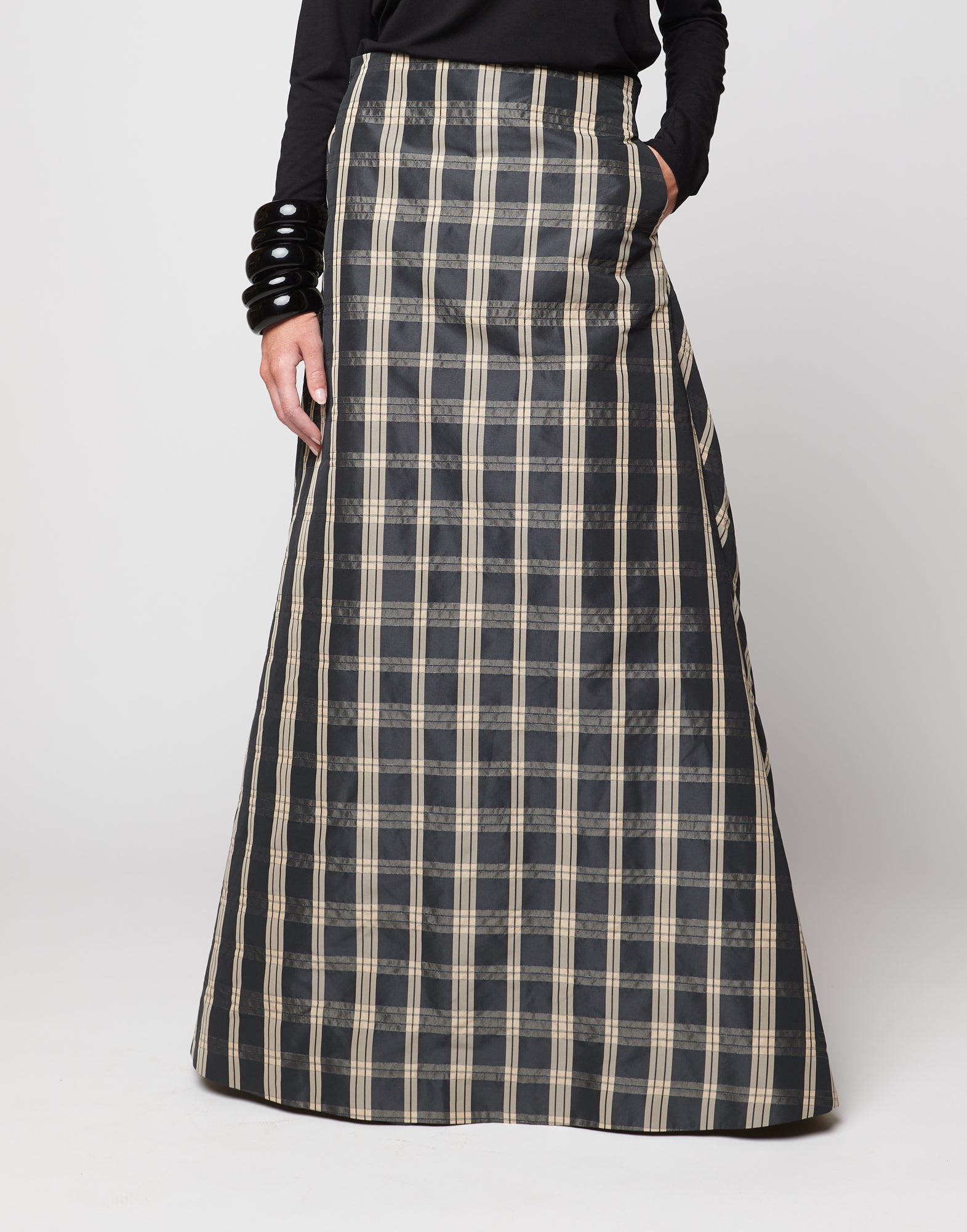 Gonna Lunga in Taffetà Madras Nero/Sabbia