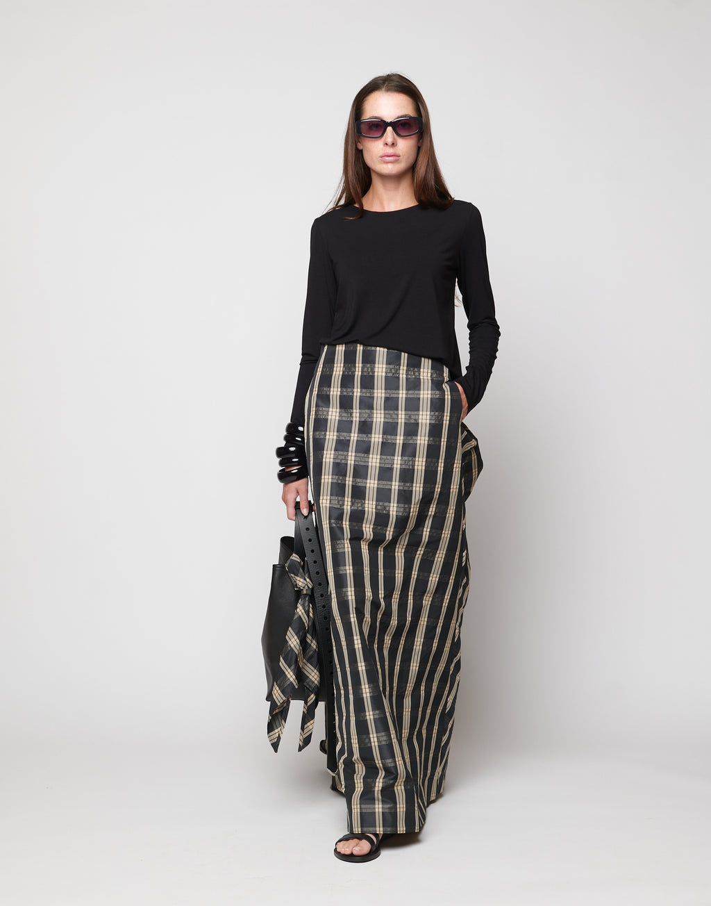 Gonna Lunga in Taffetà Madras Nero/Sabbia