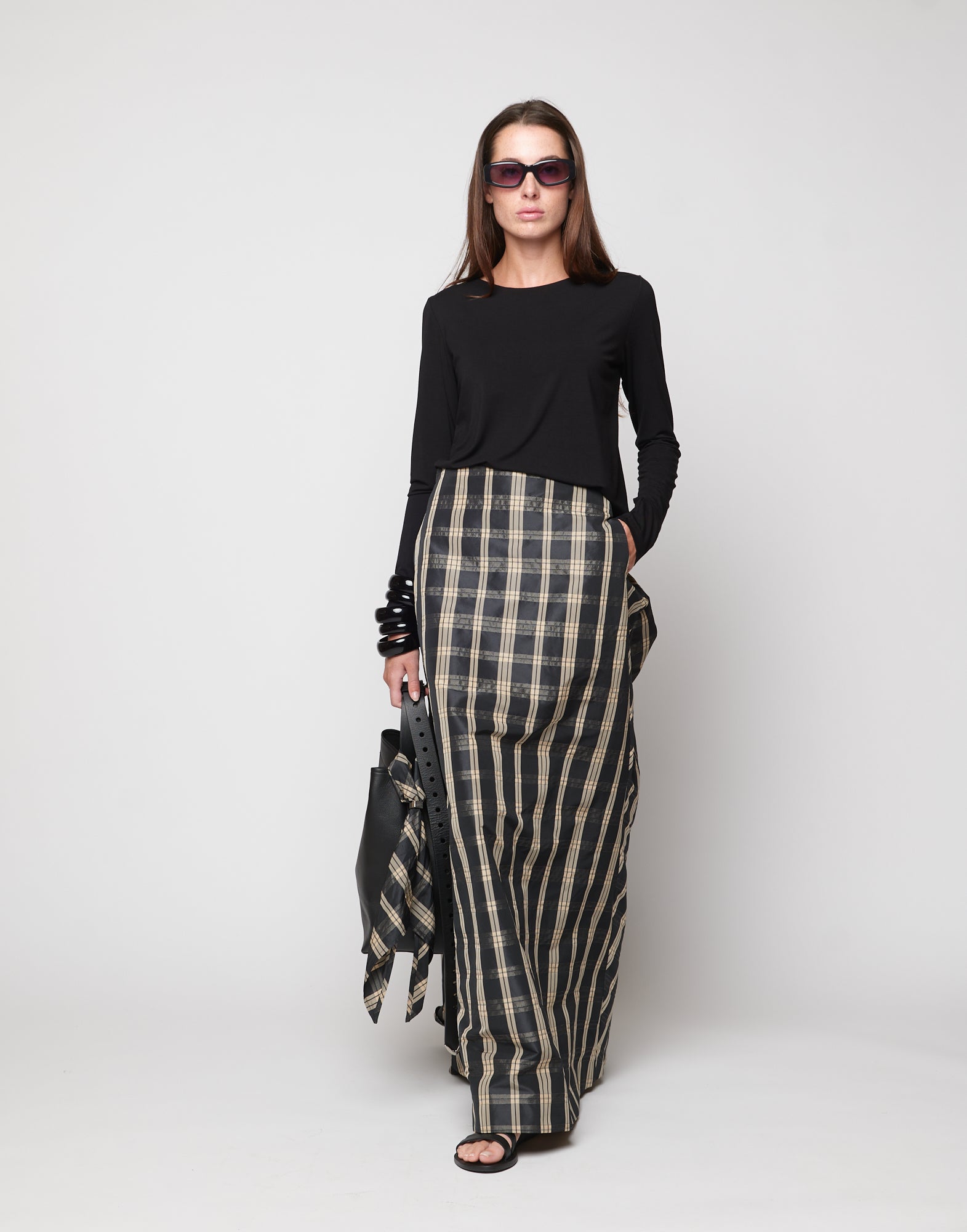 Gonna Lunga in Taffetà Madras Nero/Sabbia