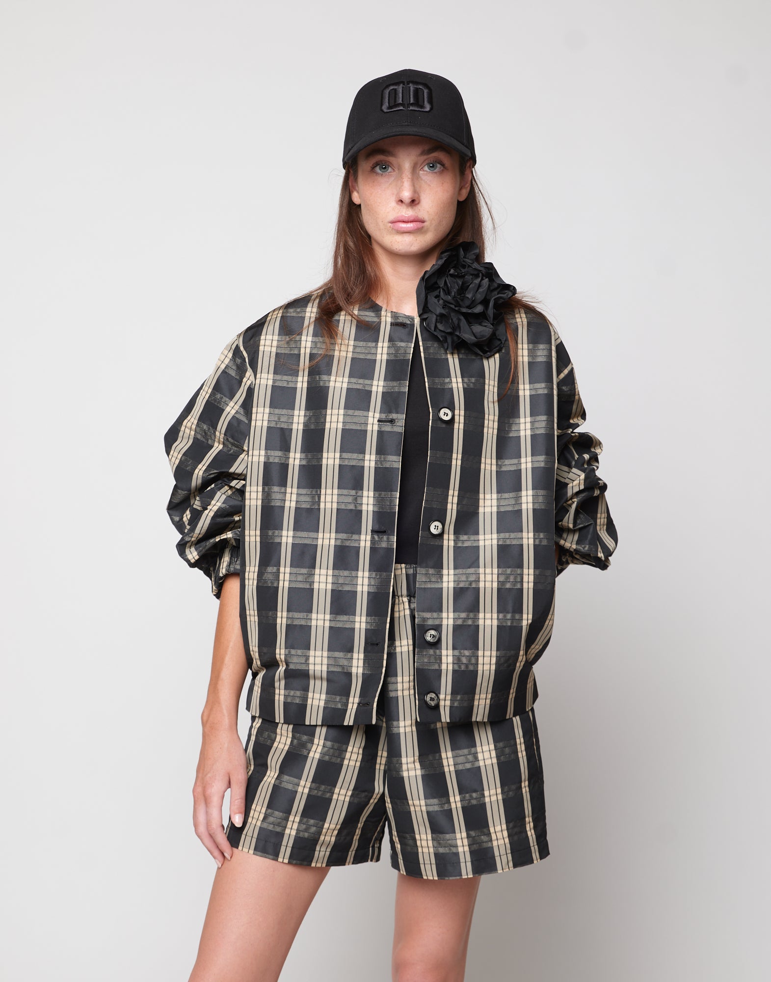 Bomber Foderato in Taffetà Madras Nero/Sabbia