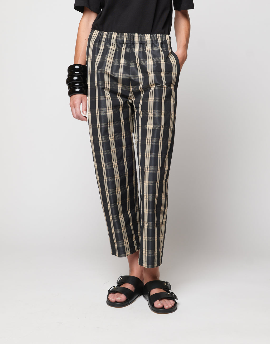 Pantaloni Japan in Taffetà Madras Madras Nero/Sabbia