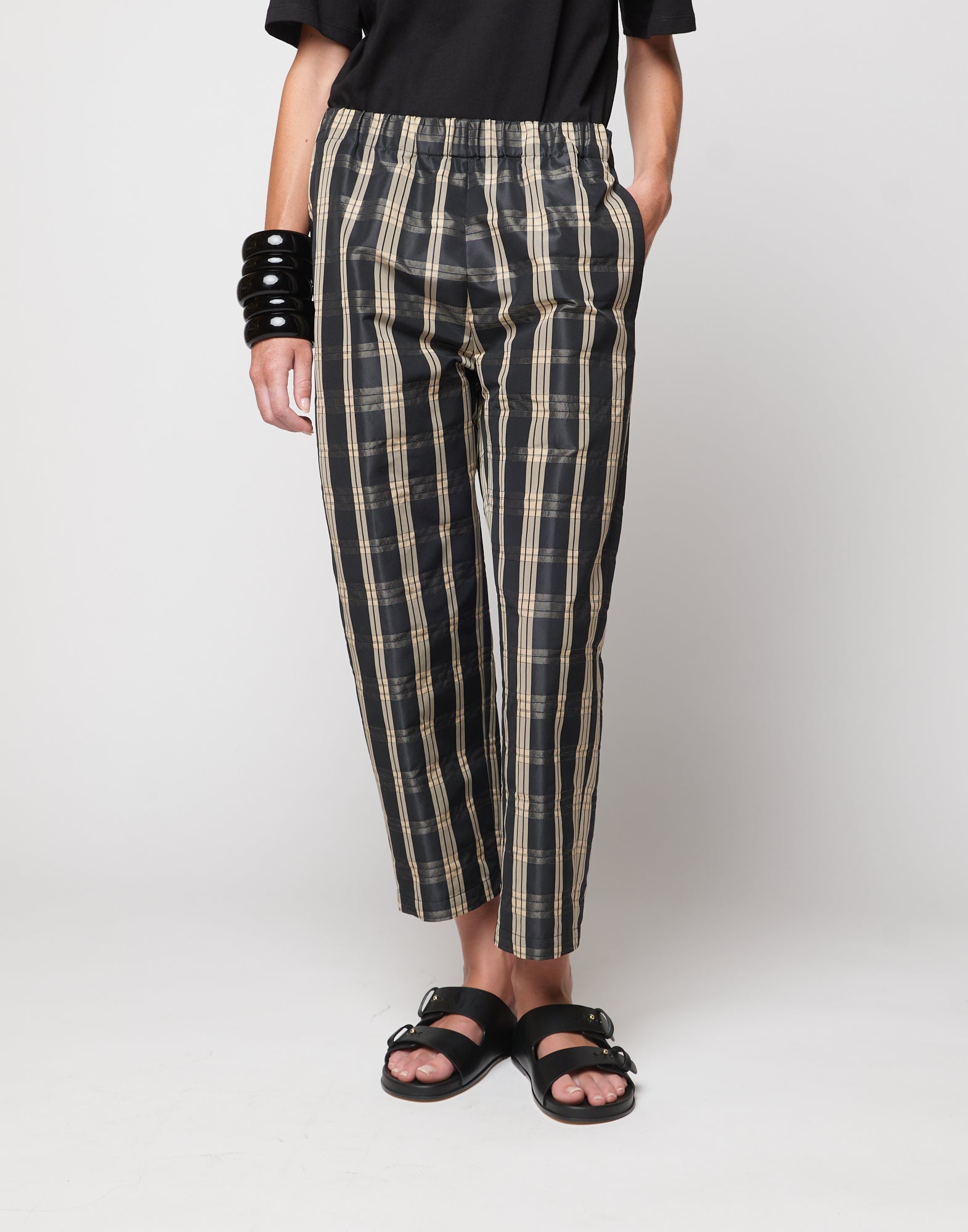 Pantaloni Japan in Taffetà Madras Madras Nero/Sabbia