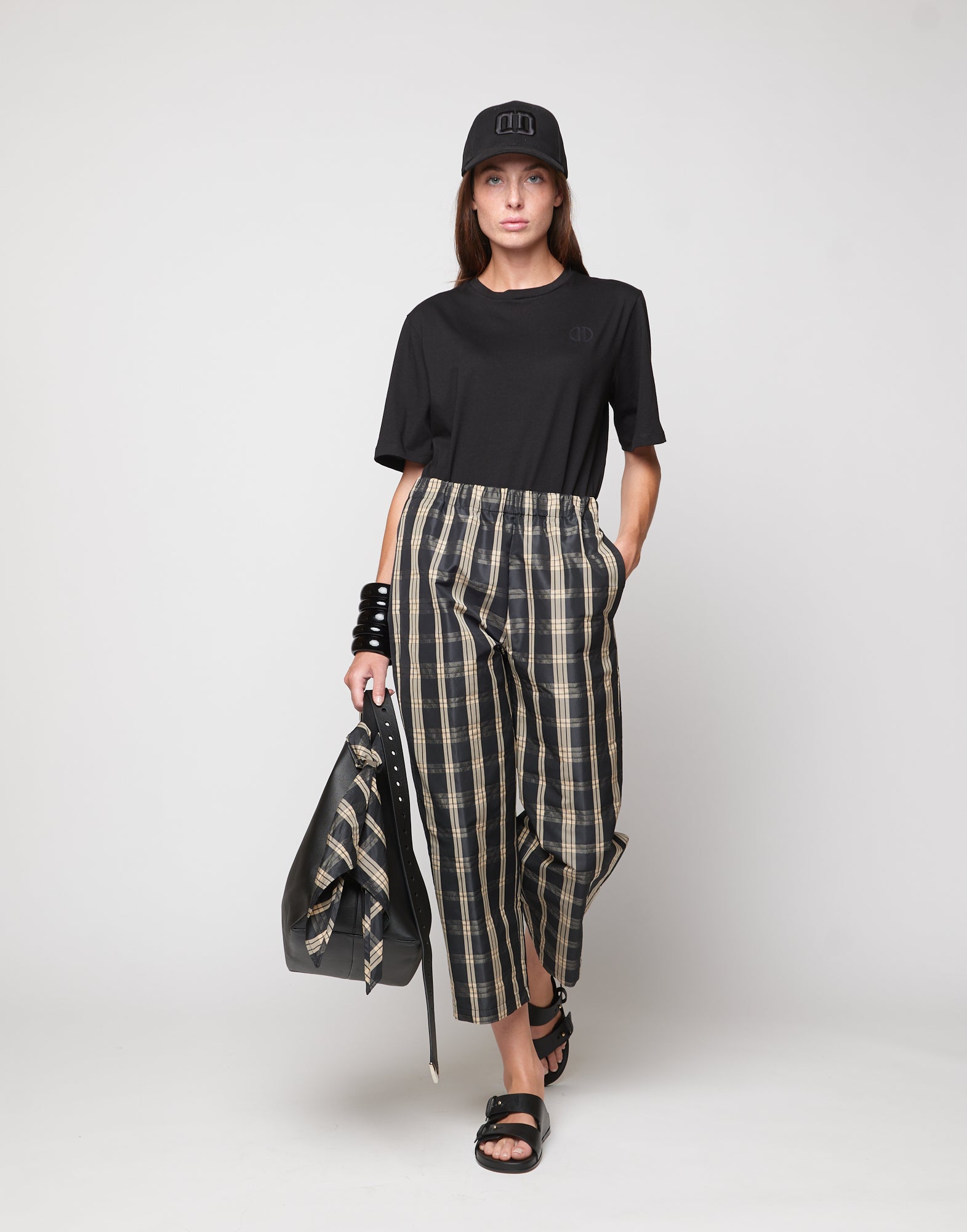 Pantaloni Japan in Taffetà Madras Madras Nero/Sabbia