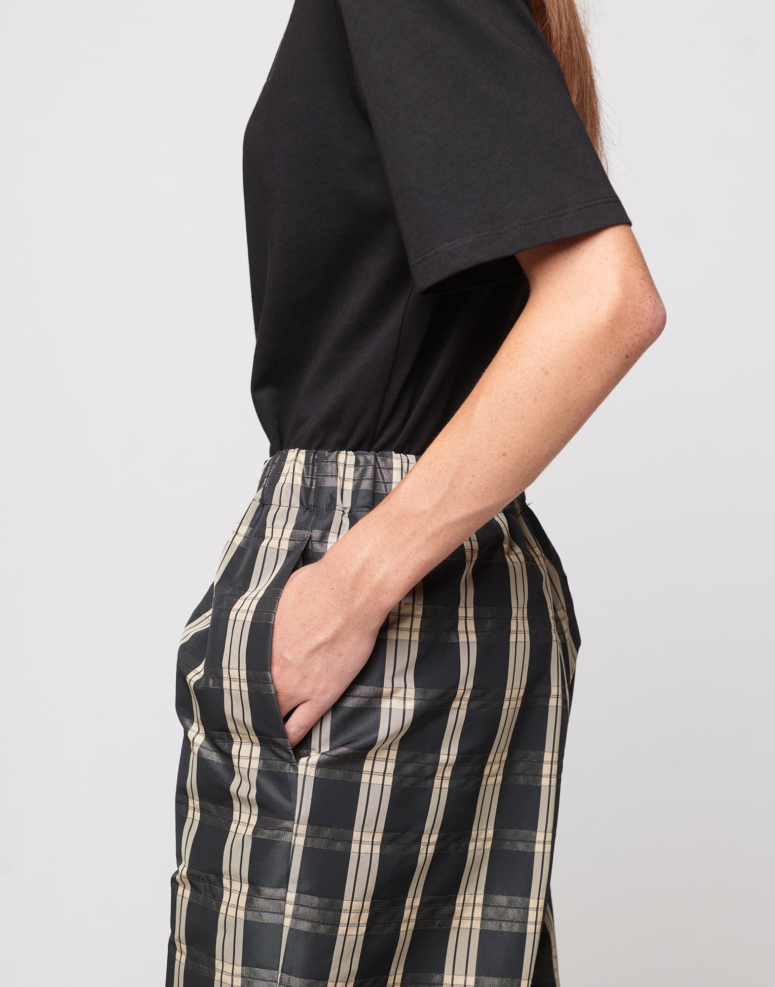 Pantaloni Japan in Taffetà Madras Madras Nero/Sabbia