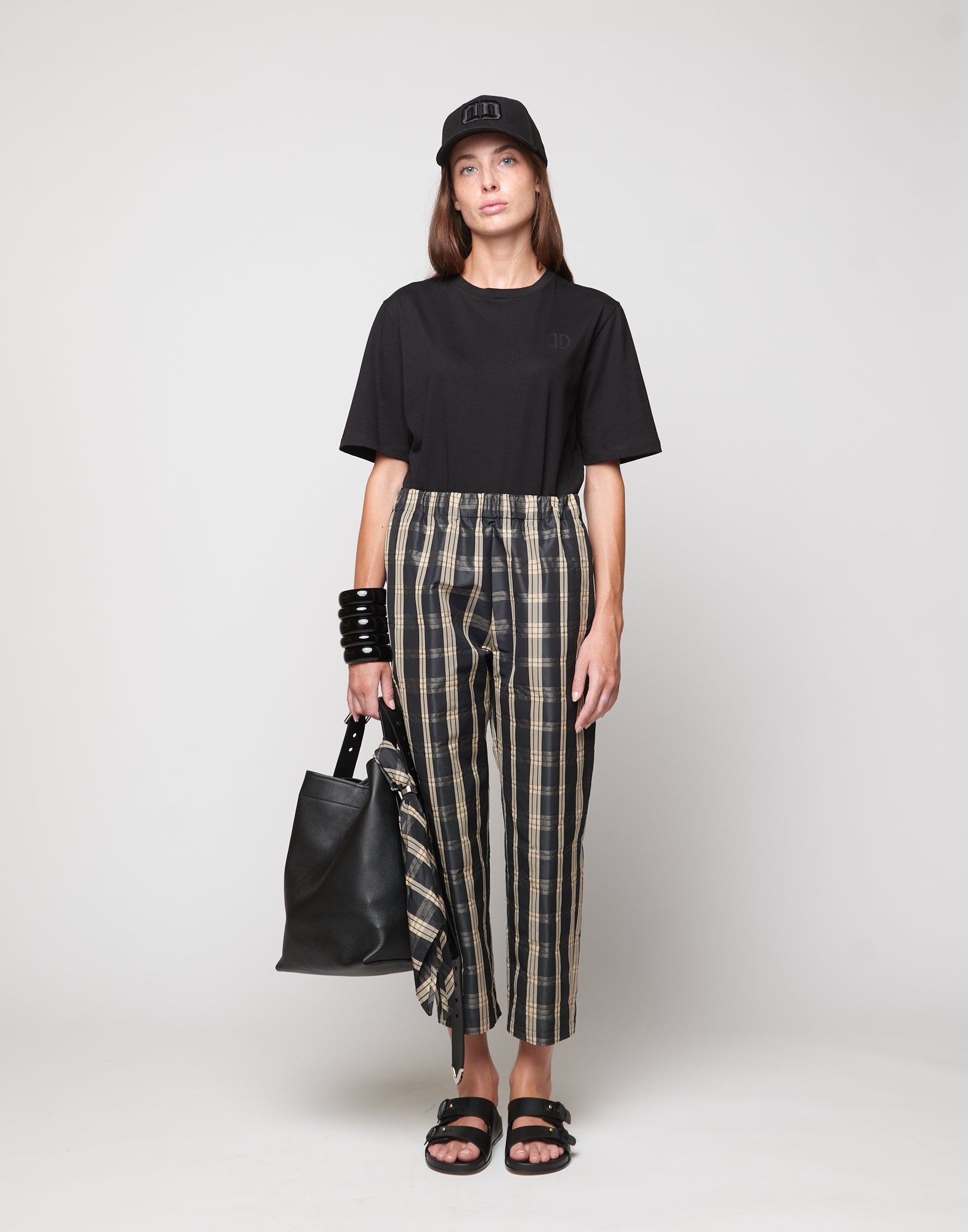 Pantaloni Japan in Taffetà Madras Madras Nero/Sabbia