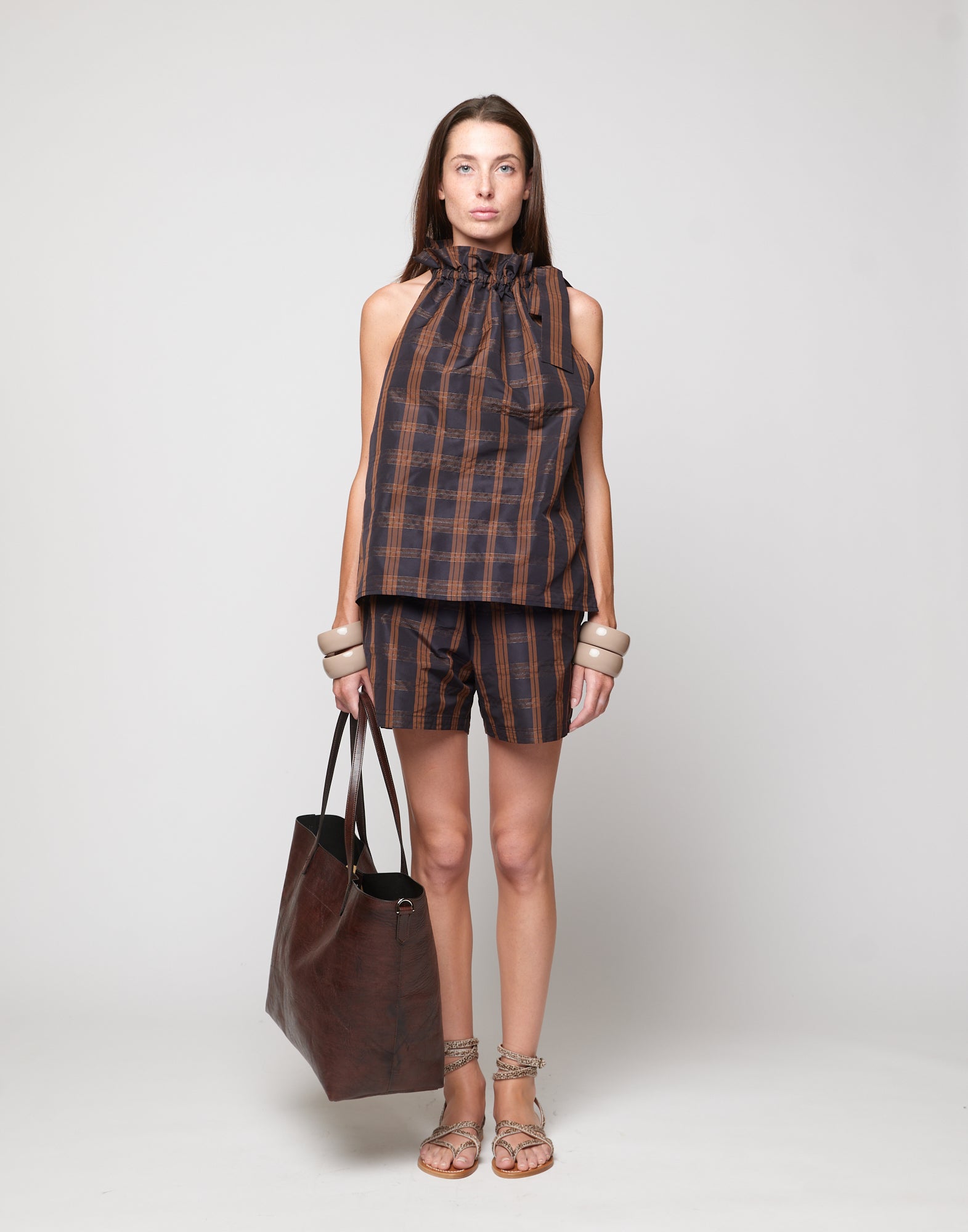 Shorts in Taffetà Madras Nero/Gianduia