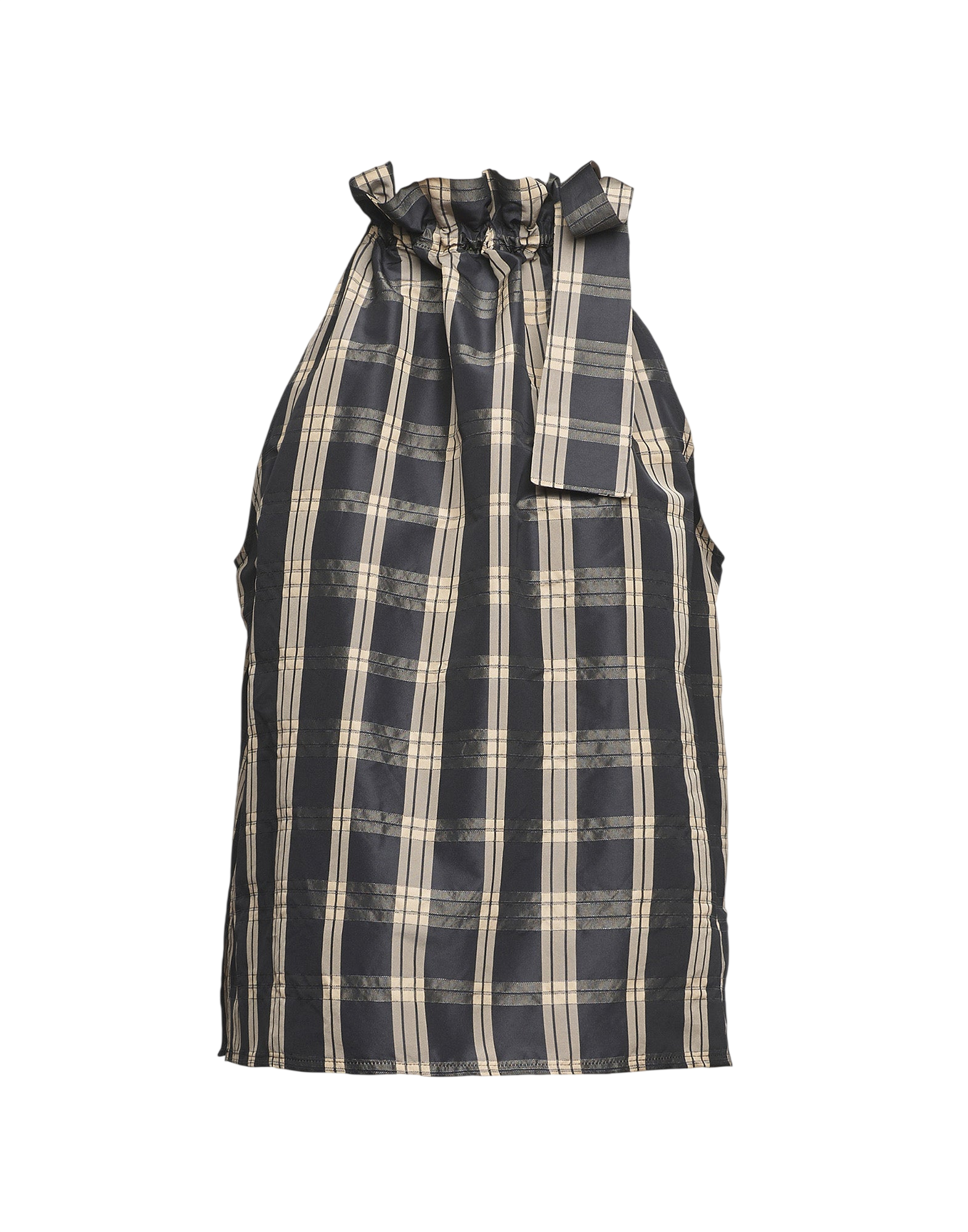 Top Halter Arricciato con Nastro in Taffetà Madras Nero/Sabbia