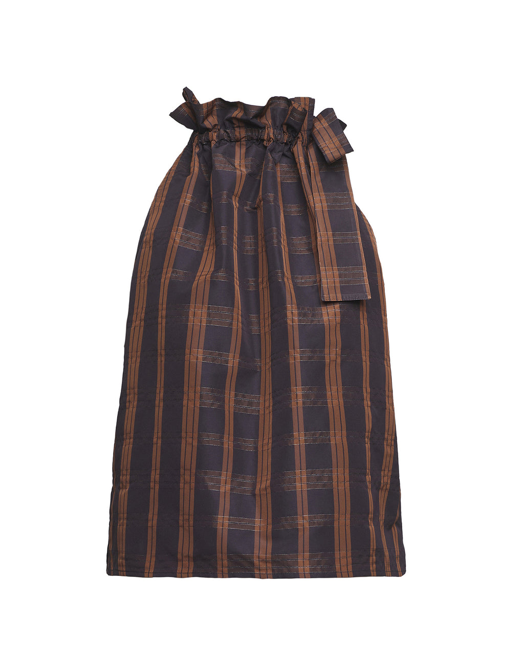 Top Halter Arricciato con Nastro in Taffetà Madras Nero/Gianduia