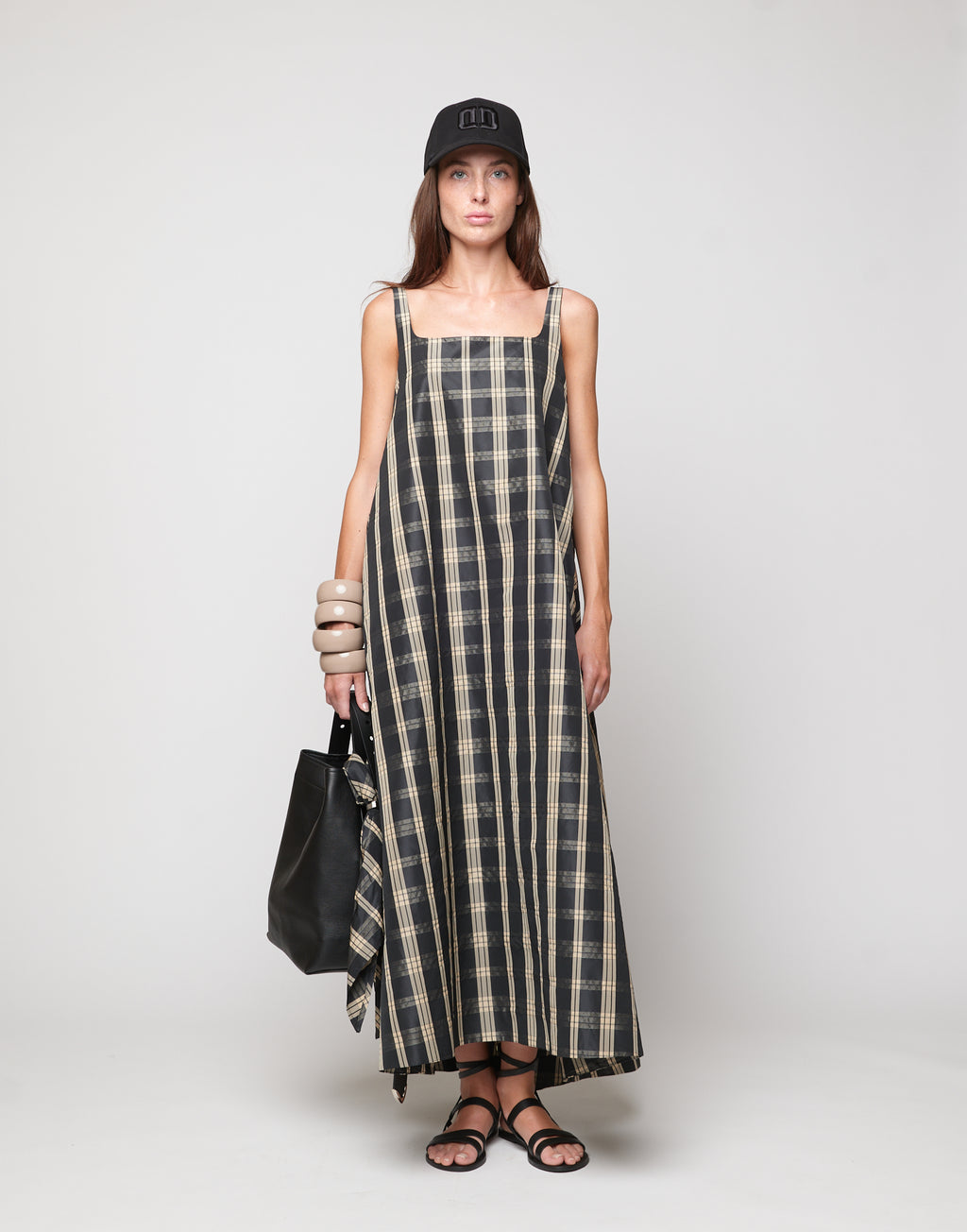 Abito Lungo in Taffetà Madras Nero/Sabbia