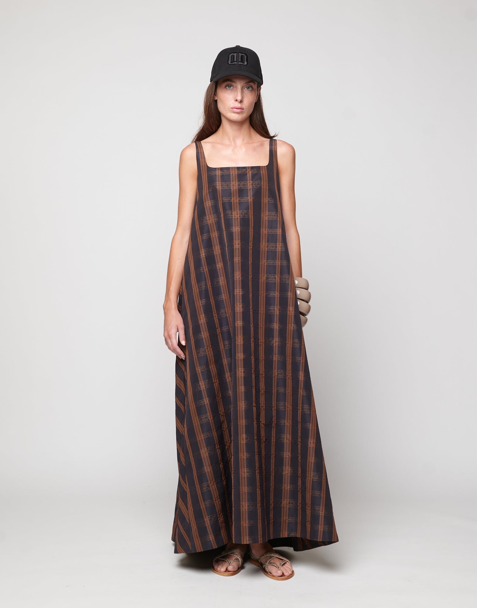 Abito Lungo in Taffetà Madras Nero/Gianduia