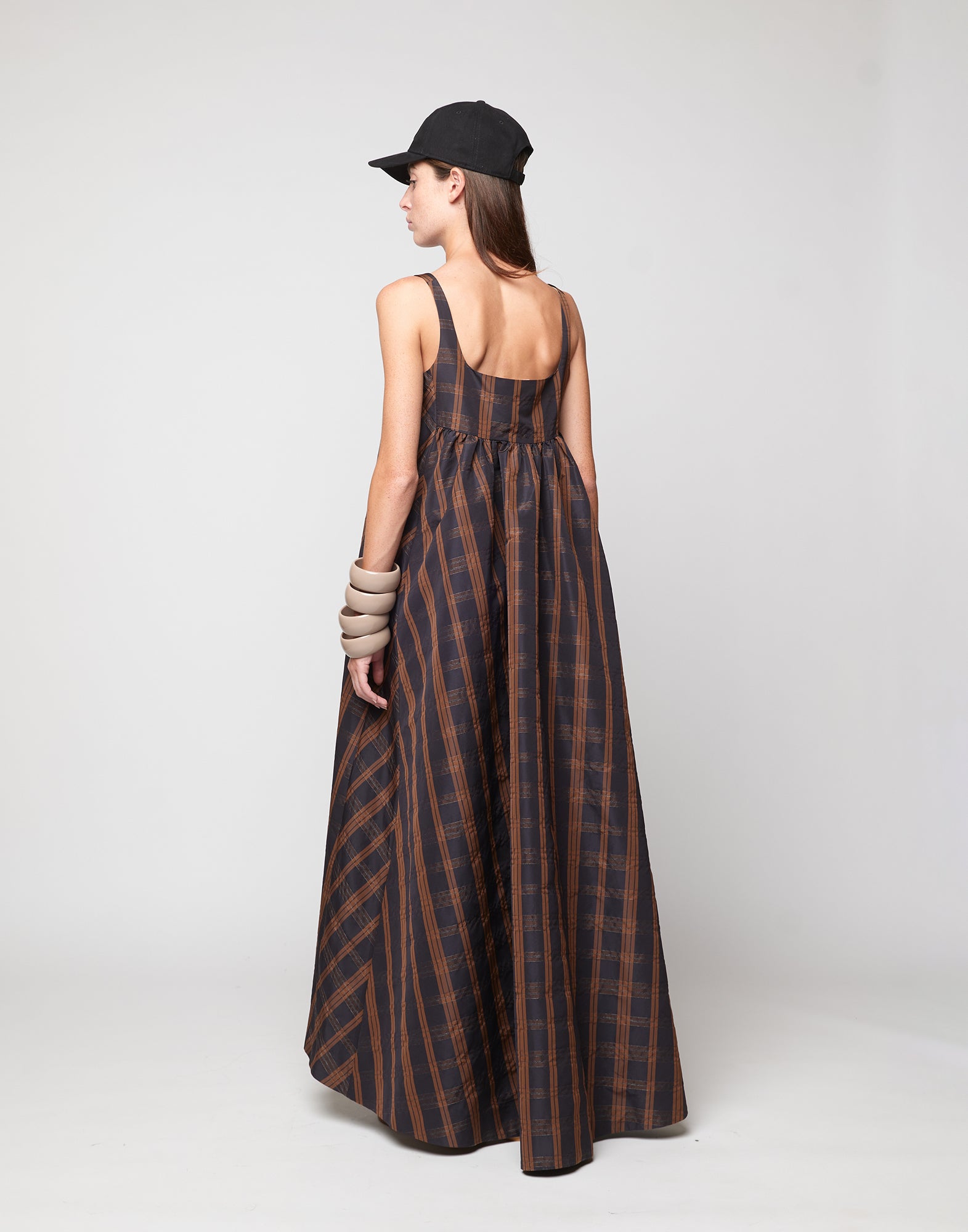 Abito Lungo in Taffetà Madras Nero/Gianduia