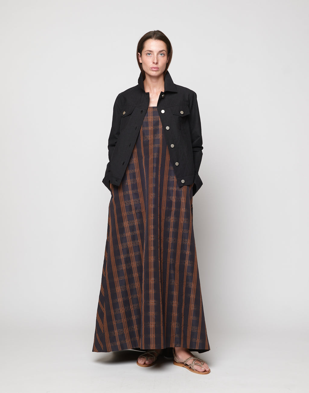 Abito Lungo in Taffetà Madras Nero/Gianduia