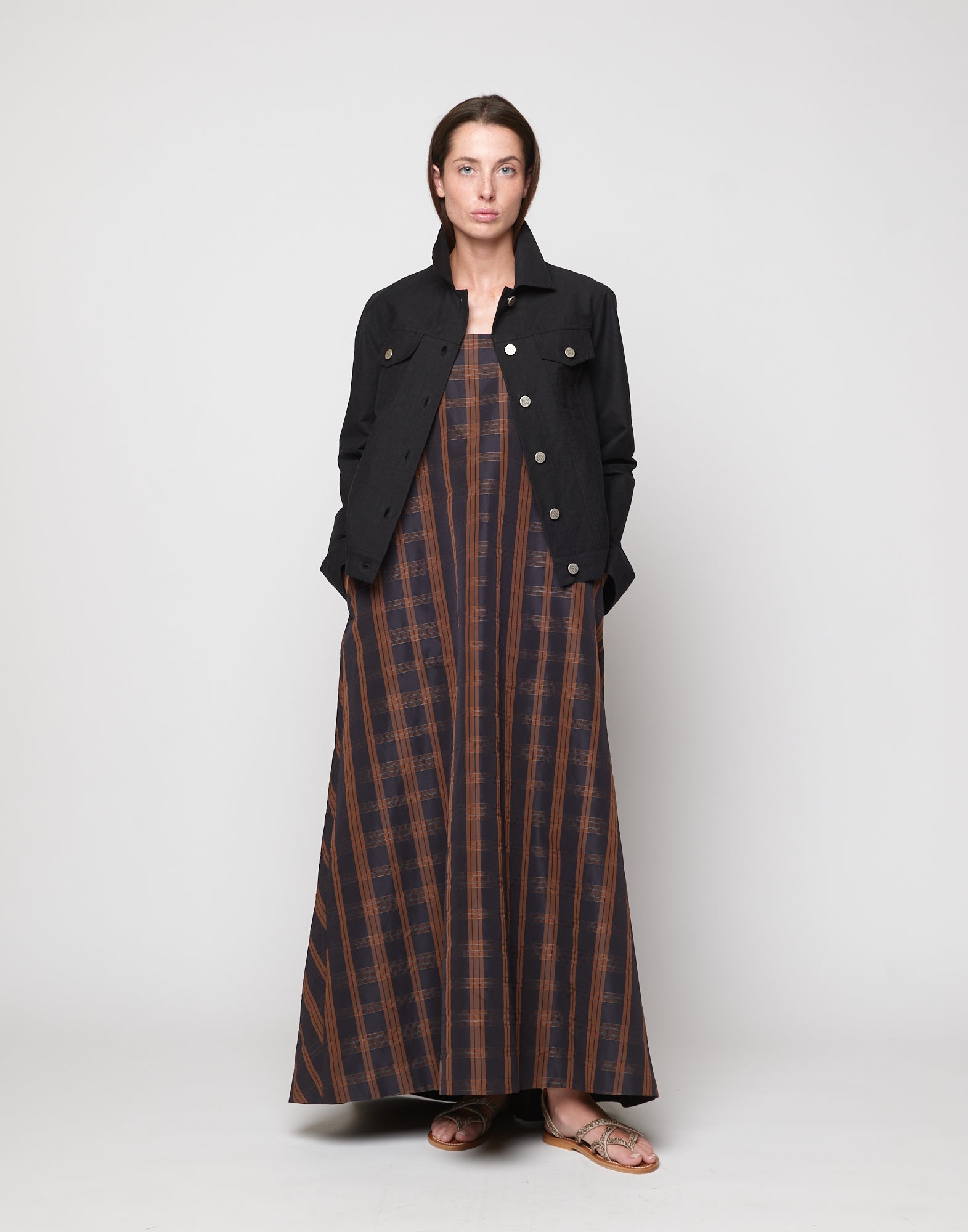 Abito Lungo in Taffetà Madras Nero/Gianduia