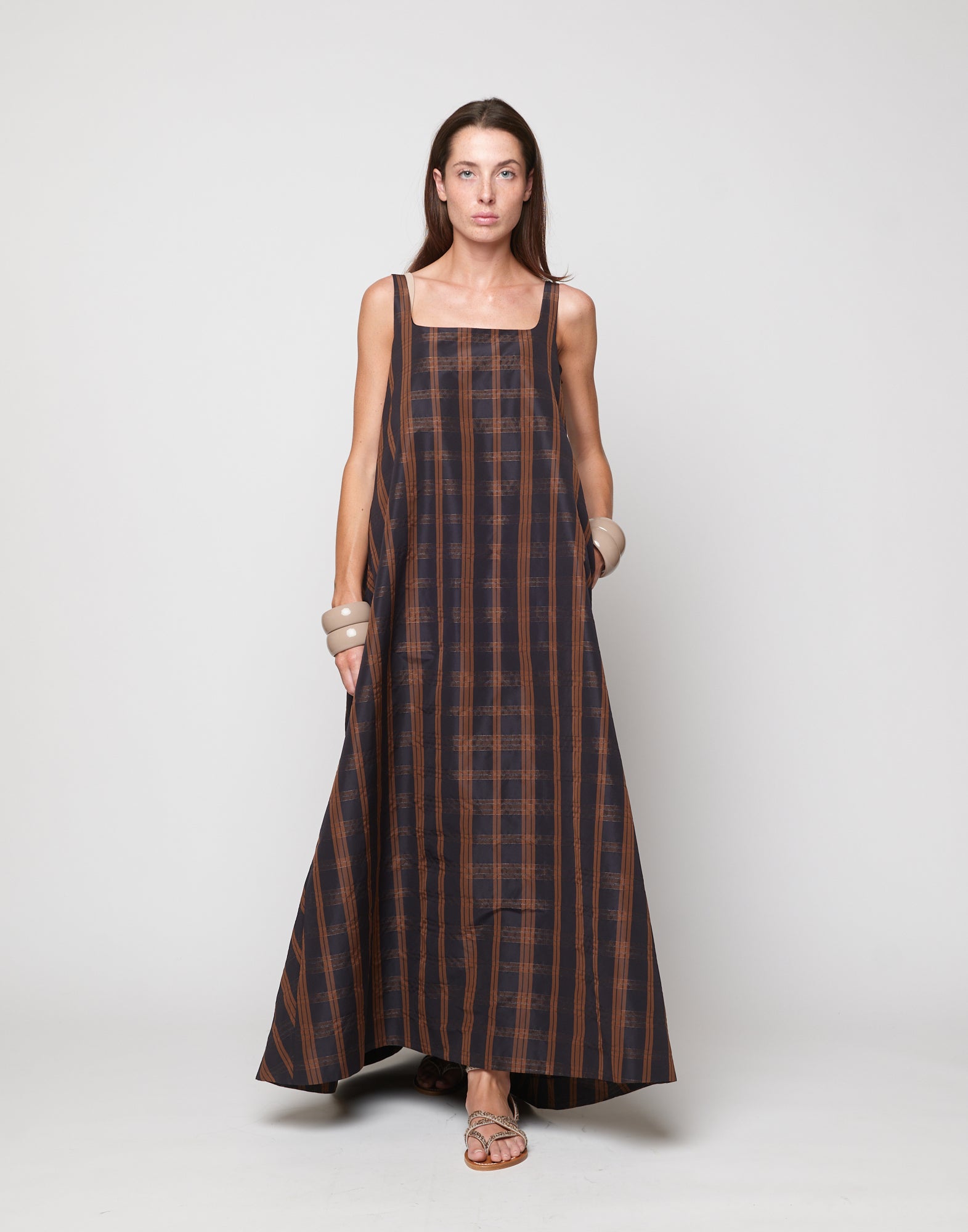 Abito Lungo in Taffetà Madras Nero/Gianduia