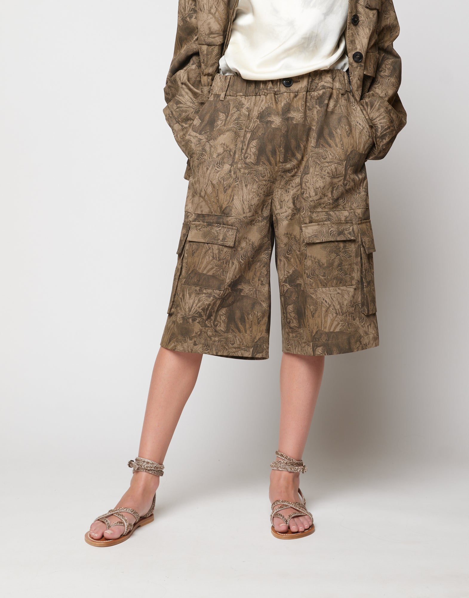 Bermuda Cargo in Drill di Cotone Stampa Jungle