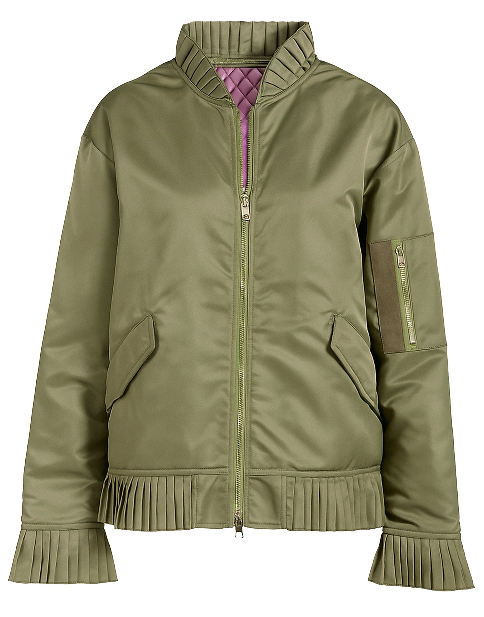 Bomber in Tecno Raso con Dettagli Plissé Salvia